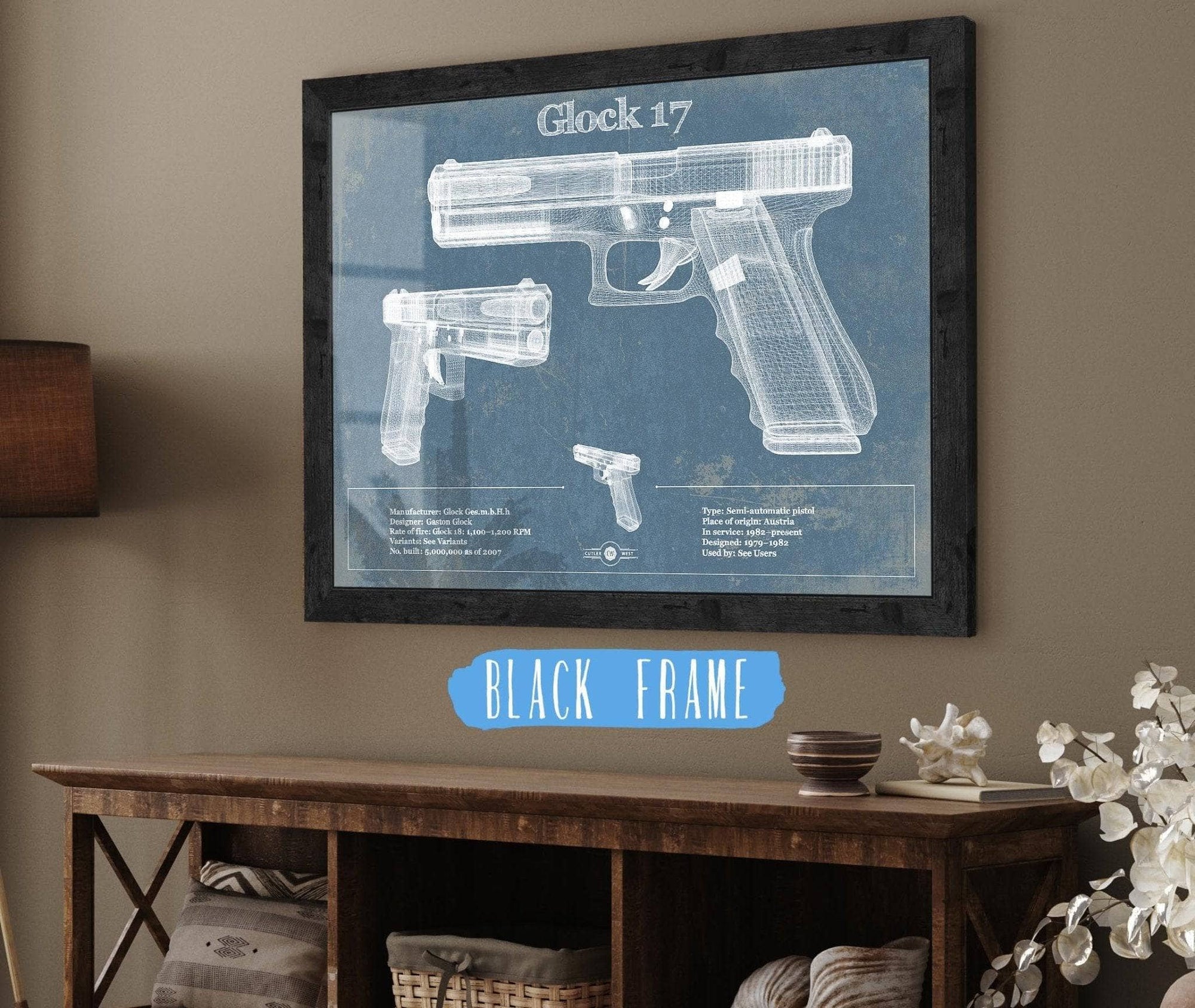 Cutler West Military Weapons Collection 14" x 11" / Black Frame Glock 17 Blueprint Vintage Gun Print 892170325_12465