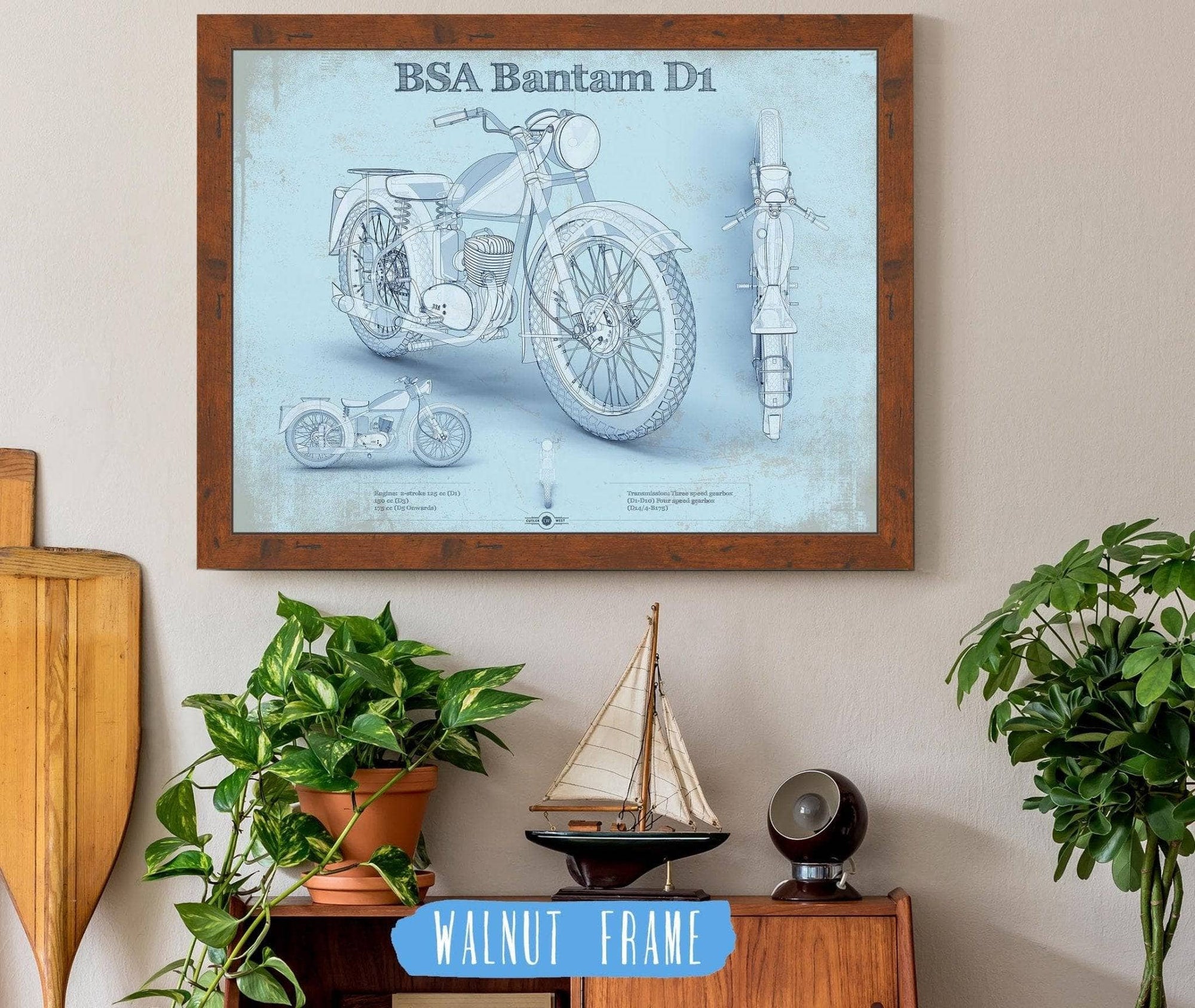 Cutler West 14" x 11" / Walnut Frame BSA Bantam D1 Blueprint Motorcycle Patent Print 833110063_46364