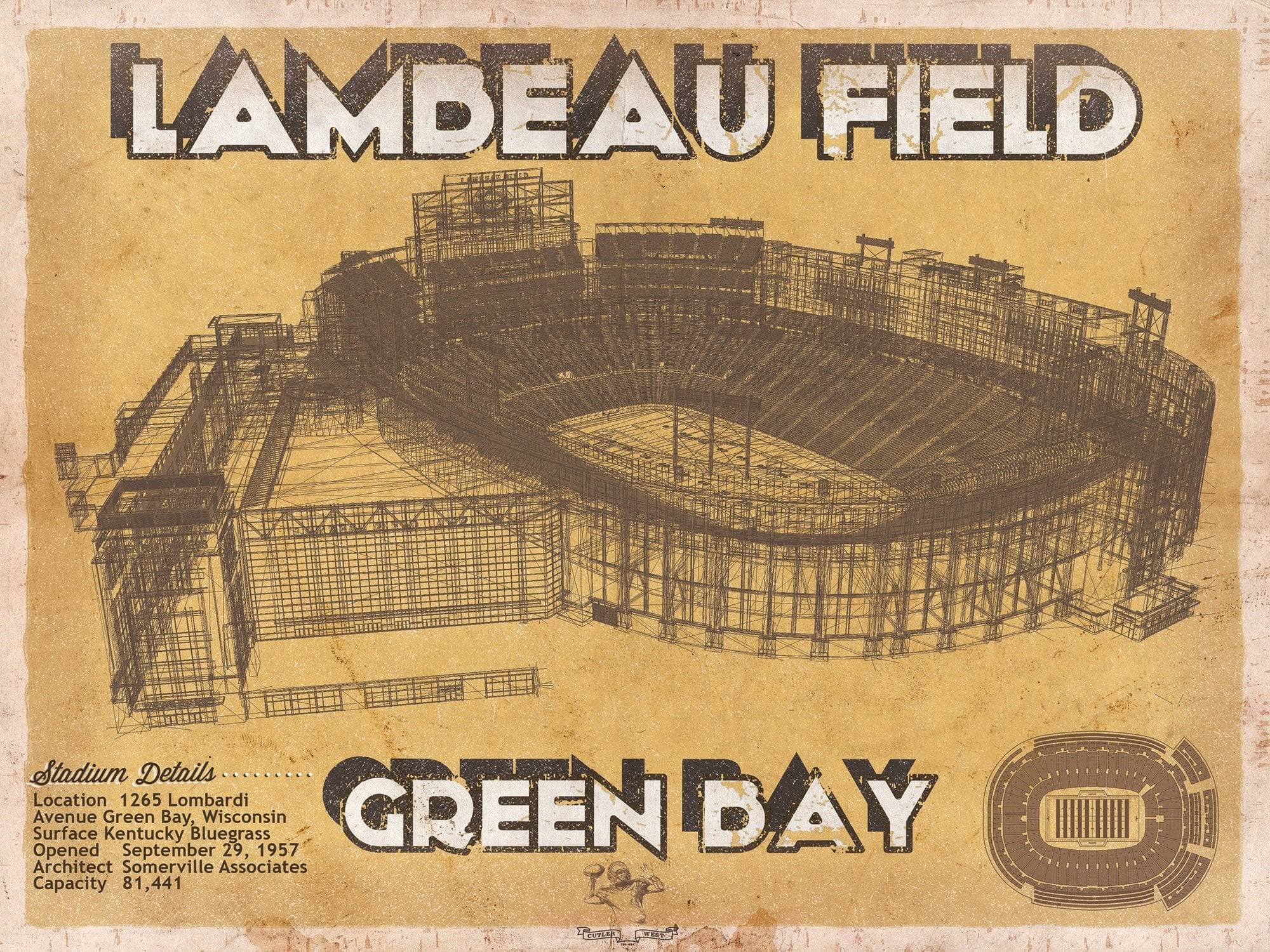 Cutler West Pro Football Collection 14" x 11" / Unframed Green Bay Packers - Lambeau Field Vintage Football Print 698877220-TEAM_65962