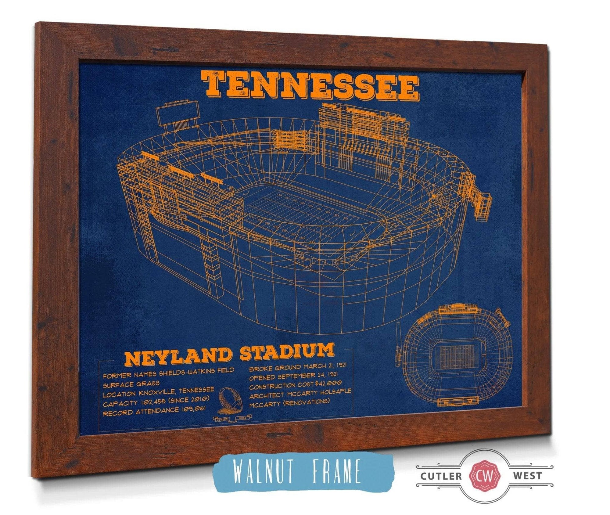 Cutler West College Football Collection Vintage Tennessee Volunteers Neyland Stadium Blueprint Wall Art