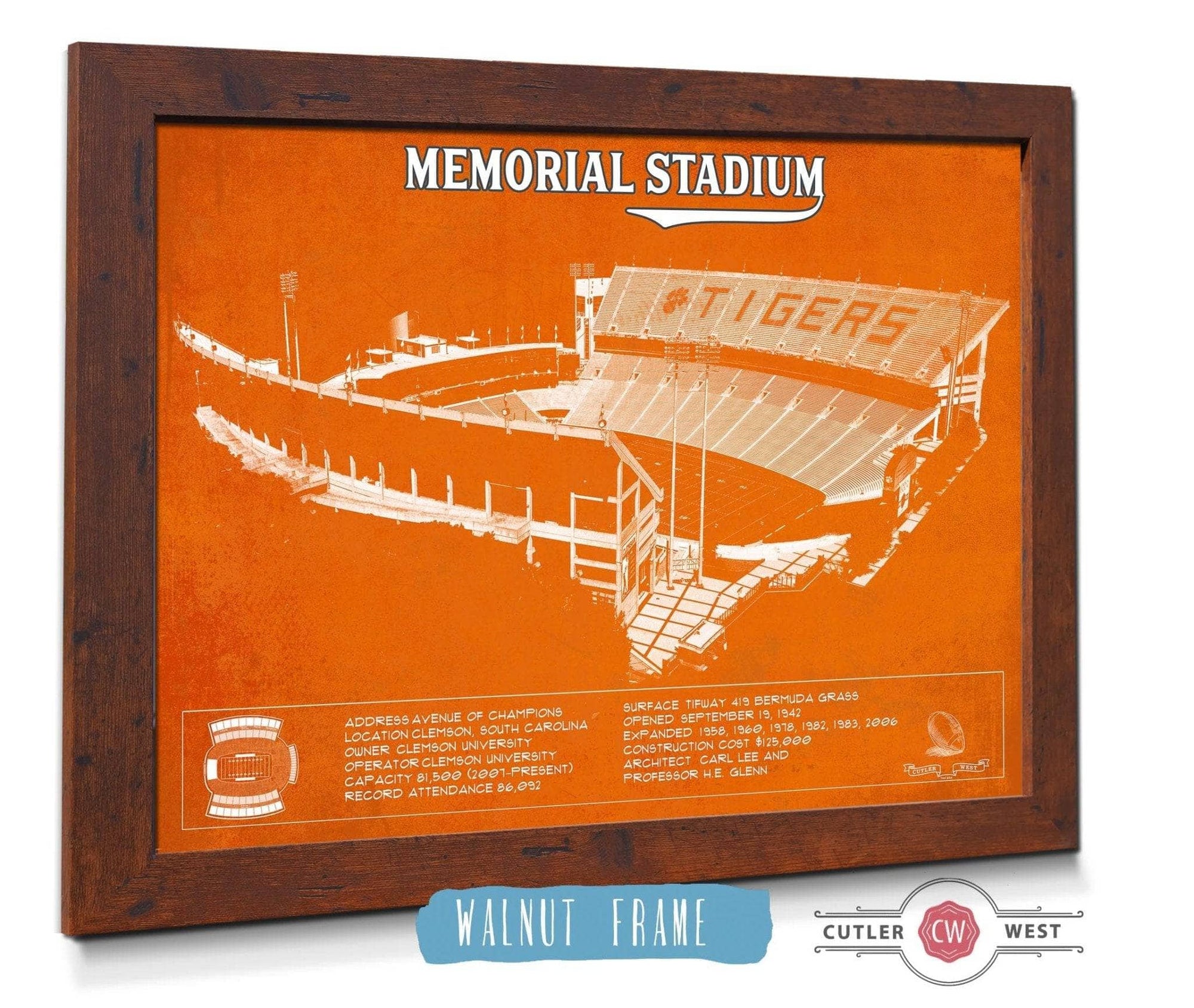 Cutler West College Football Collection Memorial Stadium Clemson Tigers Team Color NCAA Vintage Football Blueprint Art