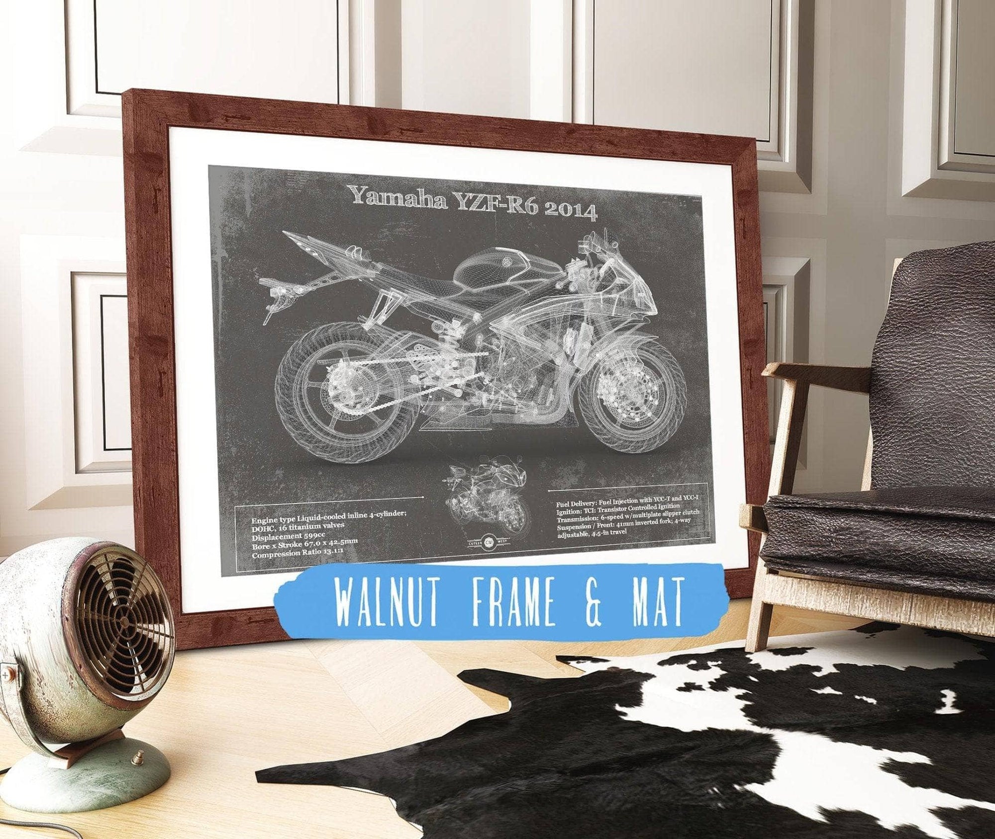 Cutler West 14" x 11" / Walnut Frame & Mat Yamaha YZF-R6 2014 Blueprint Motorcycle Patent Print 845000204-14"-x-11"7127