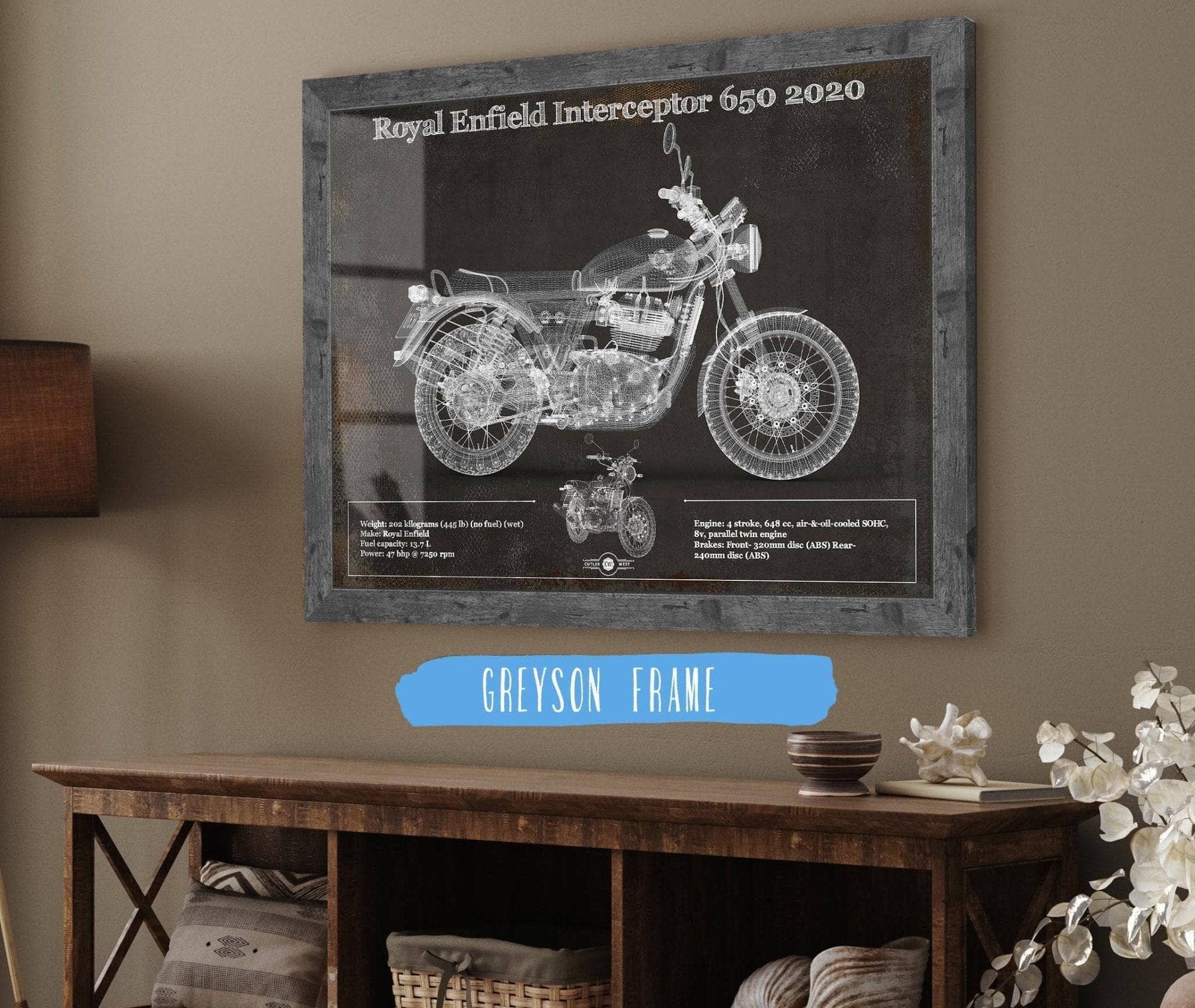Cutler West 14" x 11" / Greyson Frame Royal Enfield Interceptor 650 2020 Blueprint Motorcycle Patent Print 845000206_26453