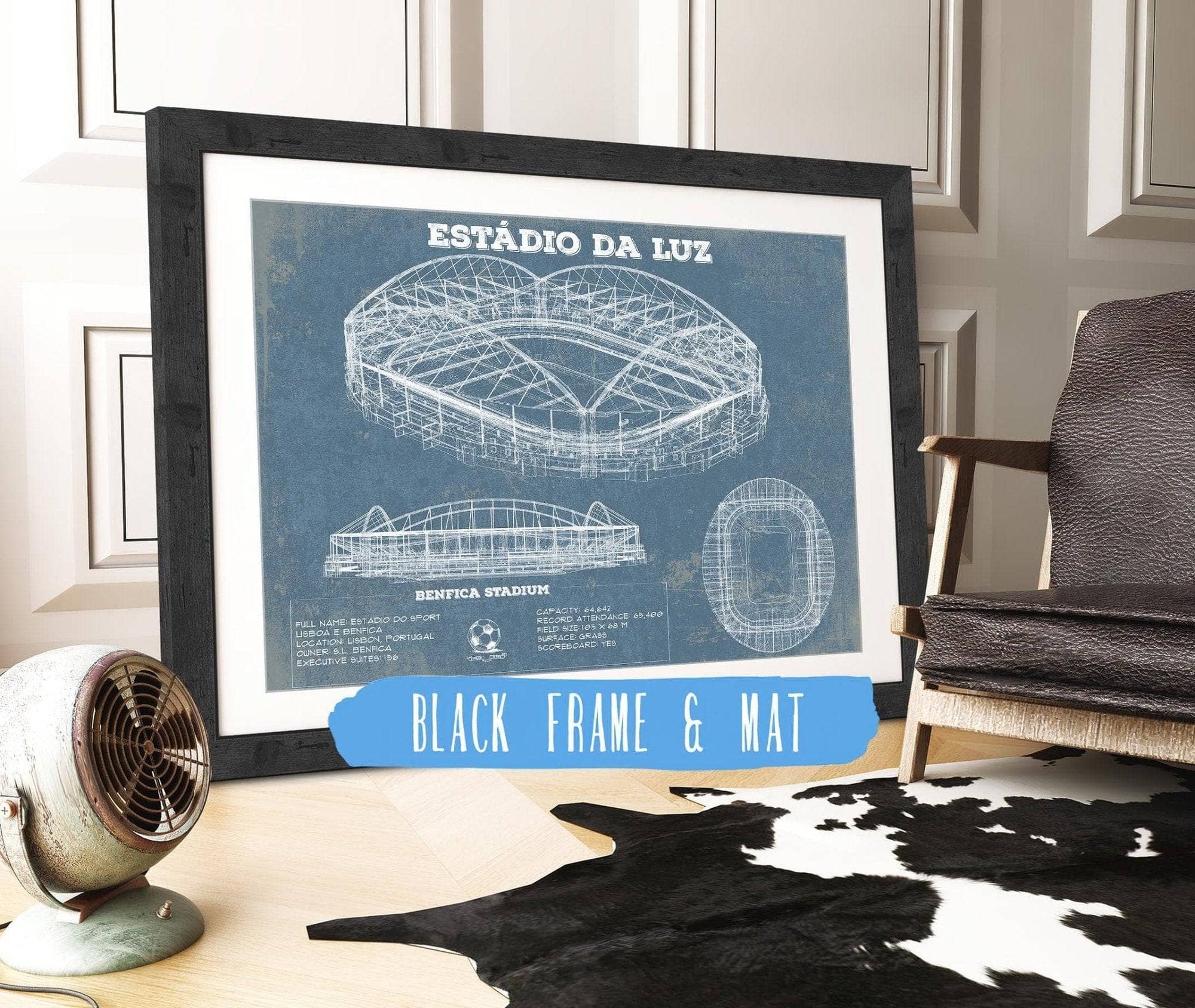 Cutler West Soccer Collection 14" x 11" / Black Frame & Mat Estudio da Luz (Benfica Stadium) - Portugal National Football Team Blueprint Vintage Soccer Print 933311007_57517