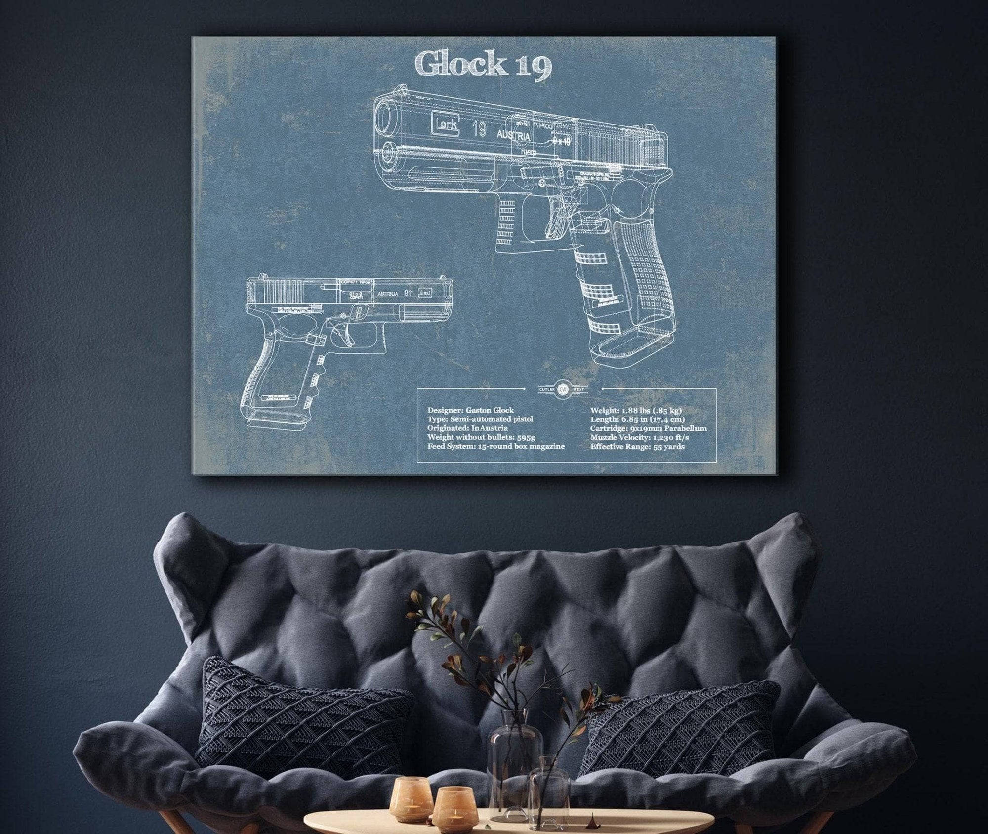 Cutler West Military Weapons Collection Glock 19 Blueprint Vintage Gun Print