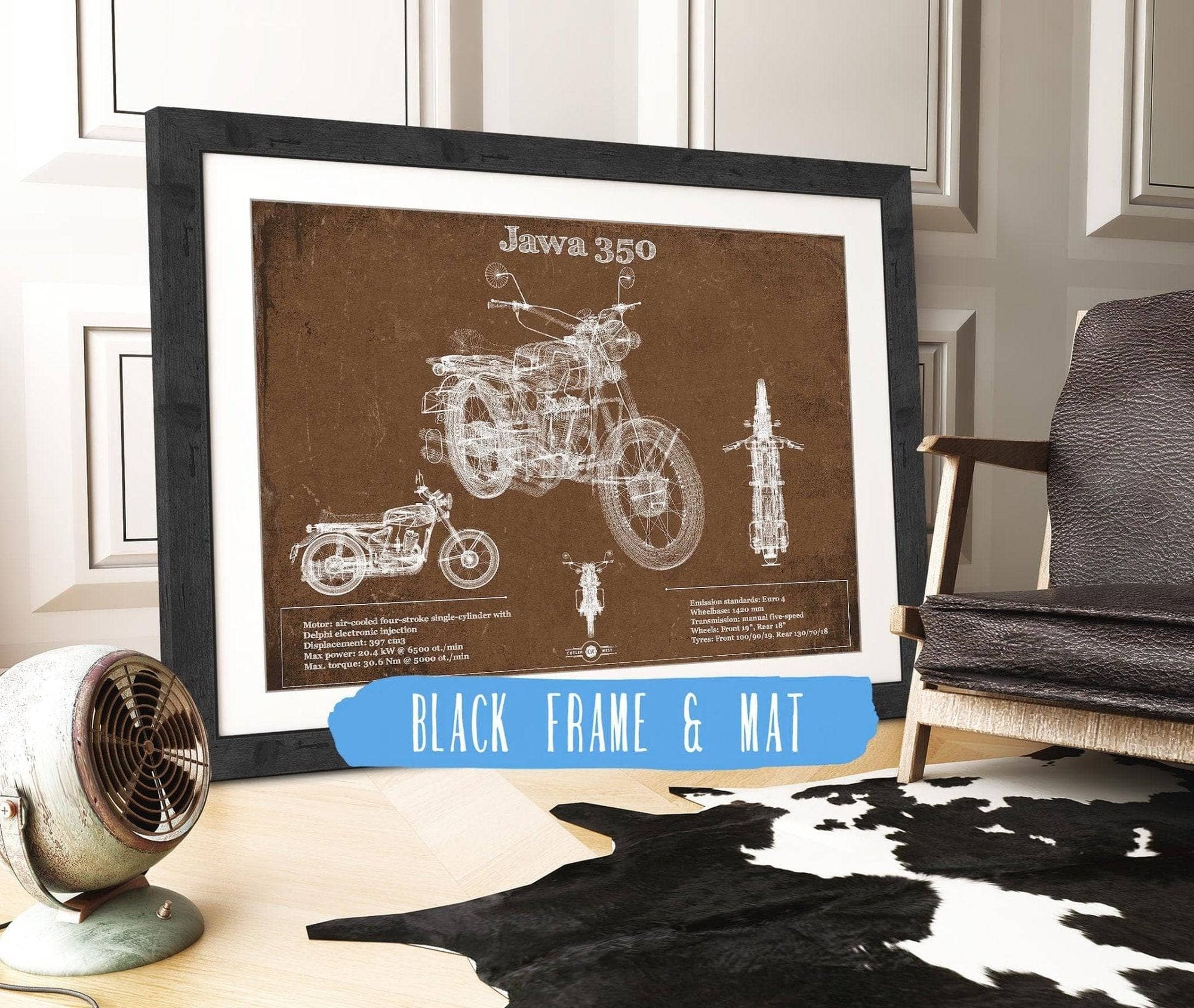 Cutler West 14" x 11" / Black Frame & Mat Jawa 350 Vintage Blueprint Motorcycle Patent Print 933350052_18858