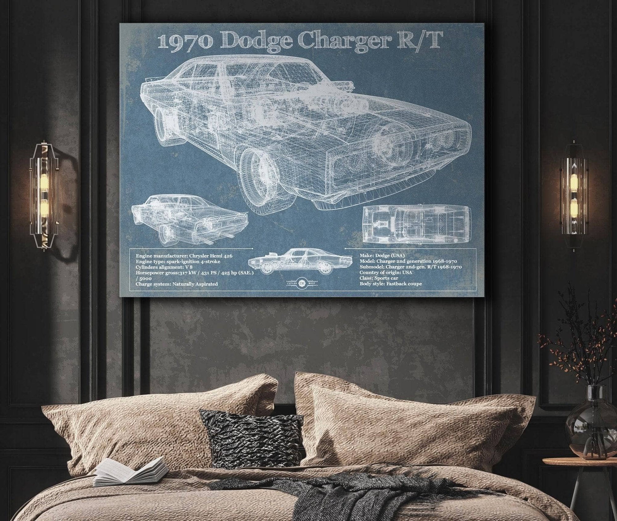 Cutler West Dodge Collection Dodge Charger 1970 R/T (Fast and Furious) Sports Car Blueprint Patent Original Art