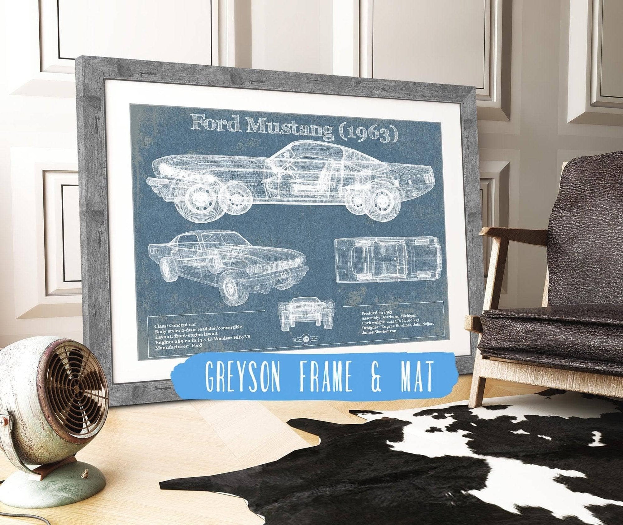 Cutler West Ford Collection 14" x 11" / Greyson Frame & Mat Ford Mustang 1963 Original Blueprint Art 870268486-TOP