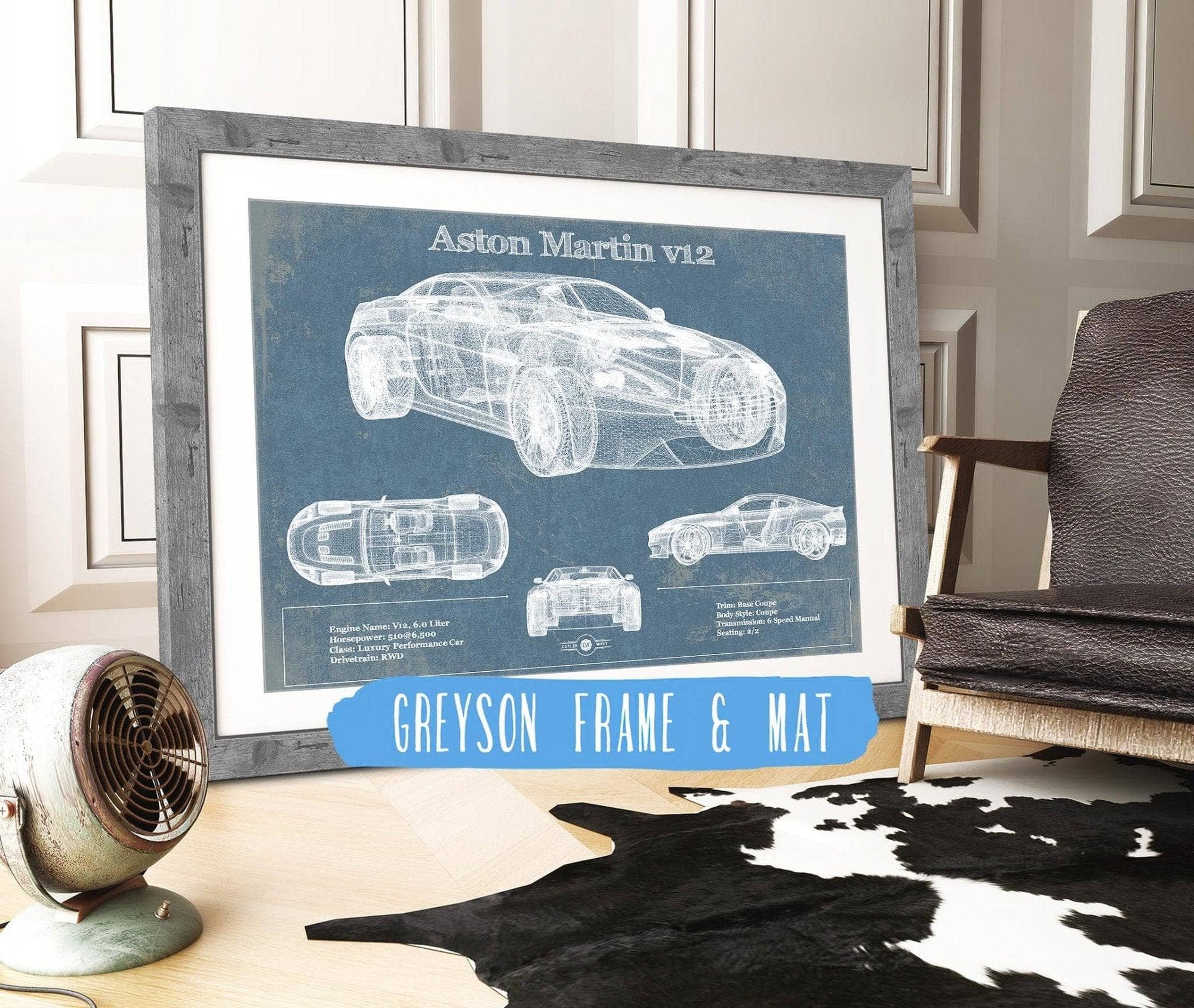 Cutler West Vehicle Collection Aston Martin V12 Blueprint Vintage Auto Print