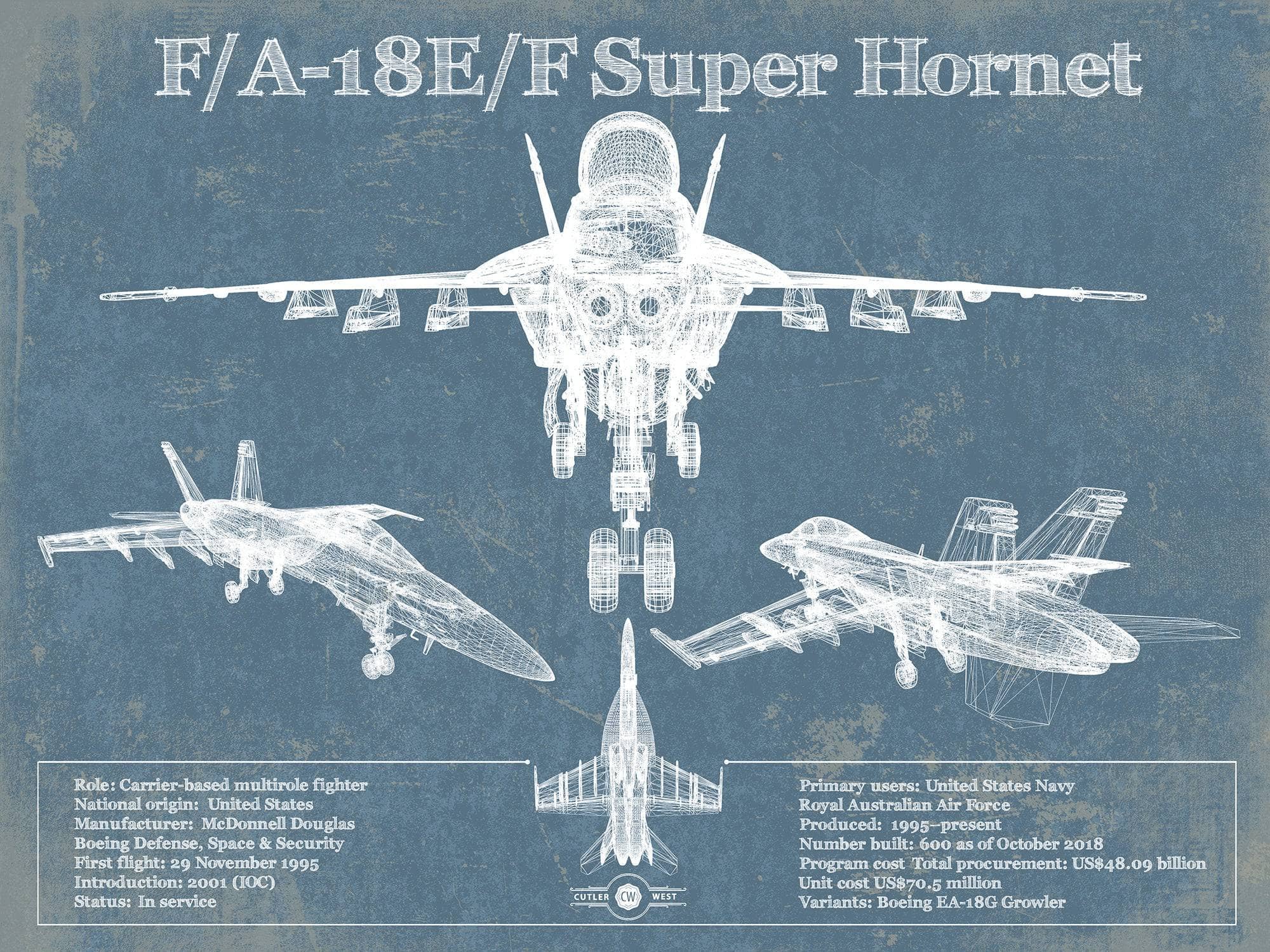 Cutler West Military Aircraft 14" x 11" / Unframed F/A-18F Super Hornet Patent Blueprint Original Military Wall Art 794460857-TOP