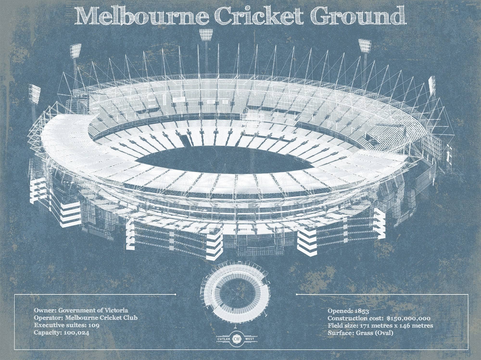 Cutler West Melbourne Cricket Ground Vintage Australian Football AFL Stadium Print