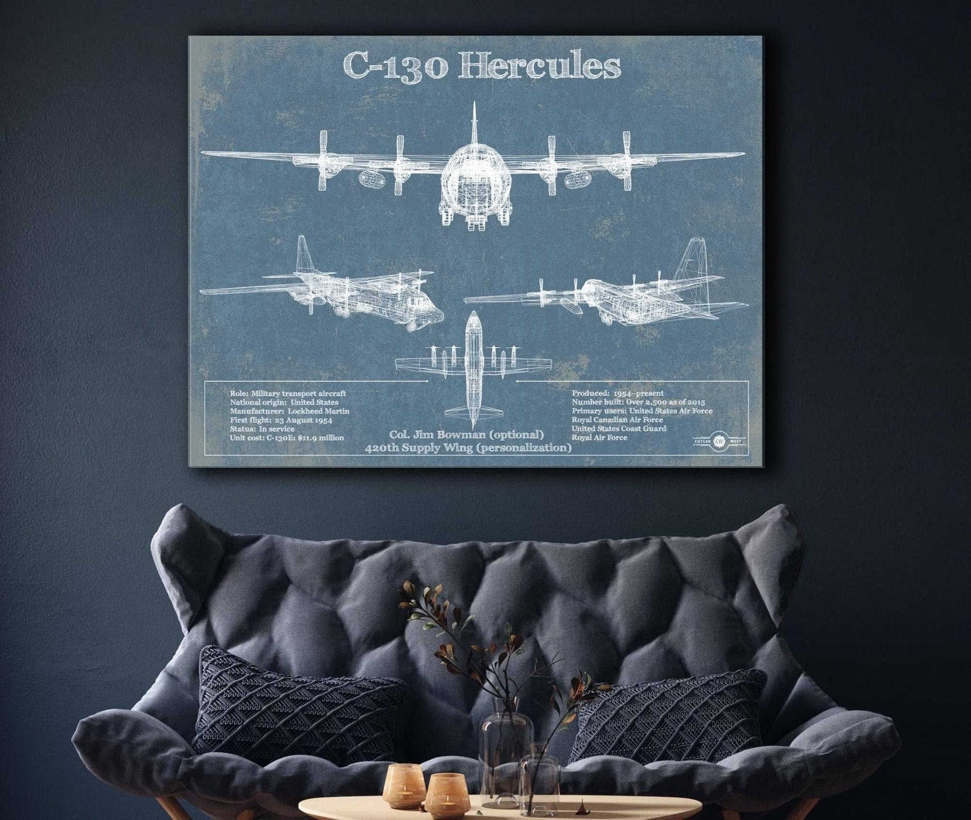 Cutler West Best Selling Collection C-130 Hercules Aviation Blueprint Military Print - Custom Name and Squadron Text