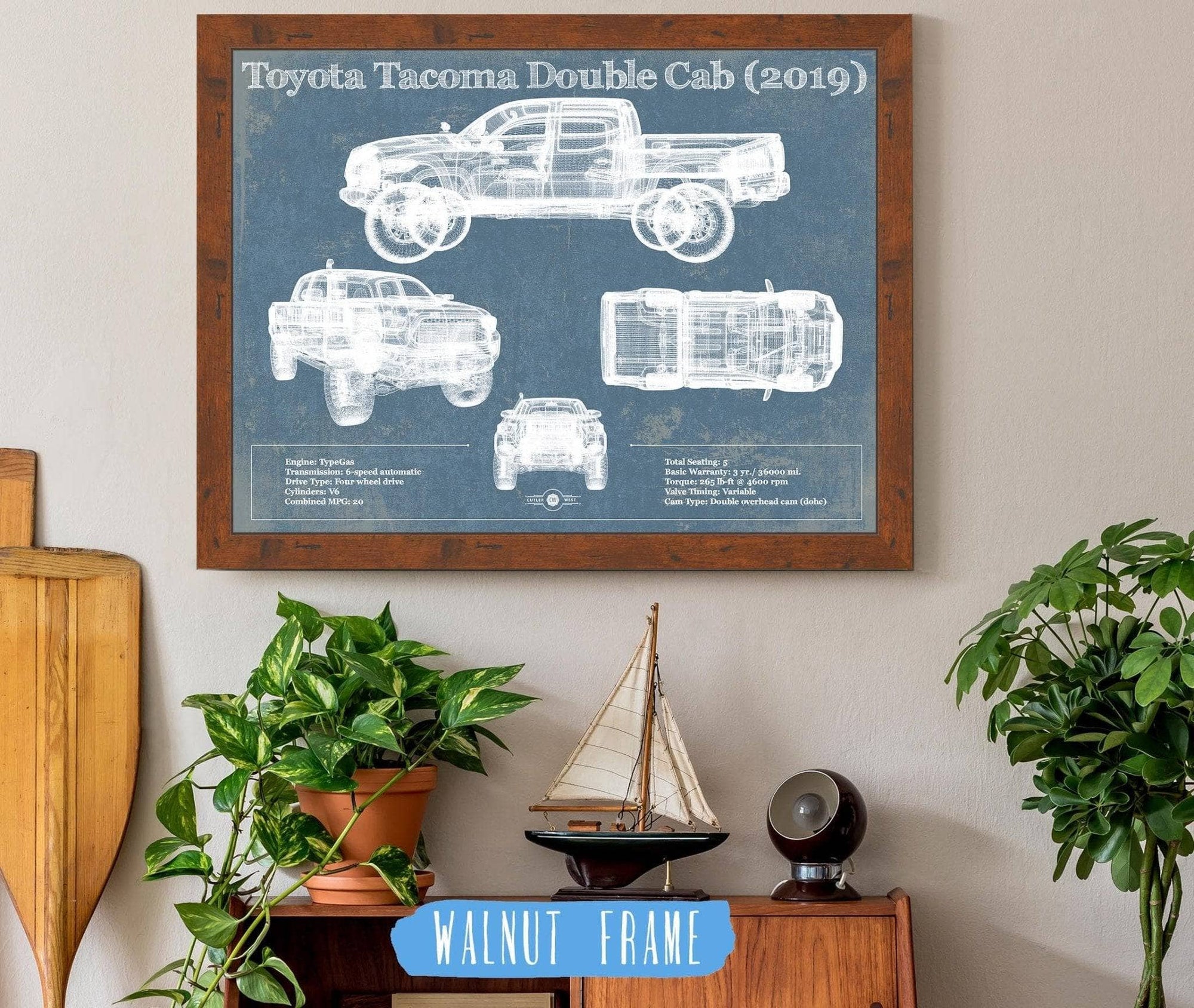 Cutler West Toyota Collection 14" x 11" / Walnut Frame Toyota Tacoma Double Cab (2019) Vintage Blueprint Auto Print 833110080_30855