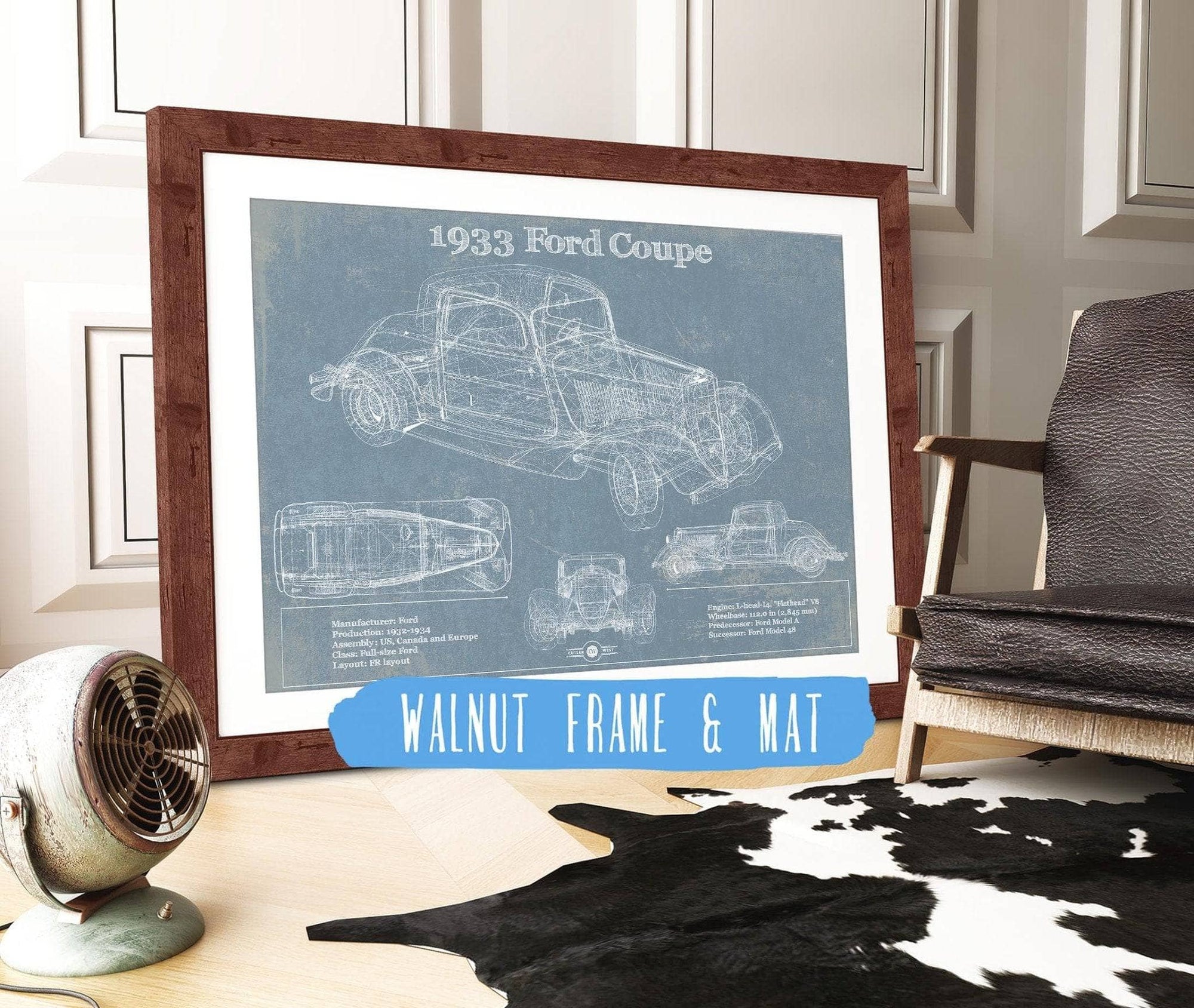 Cutler West Ford Collection 14" x 11" / Walnut Frame & Mat 1933 Ford Coupe Vintage Blueprint Auto Print 933311095_34881