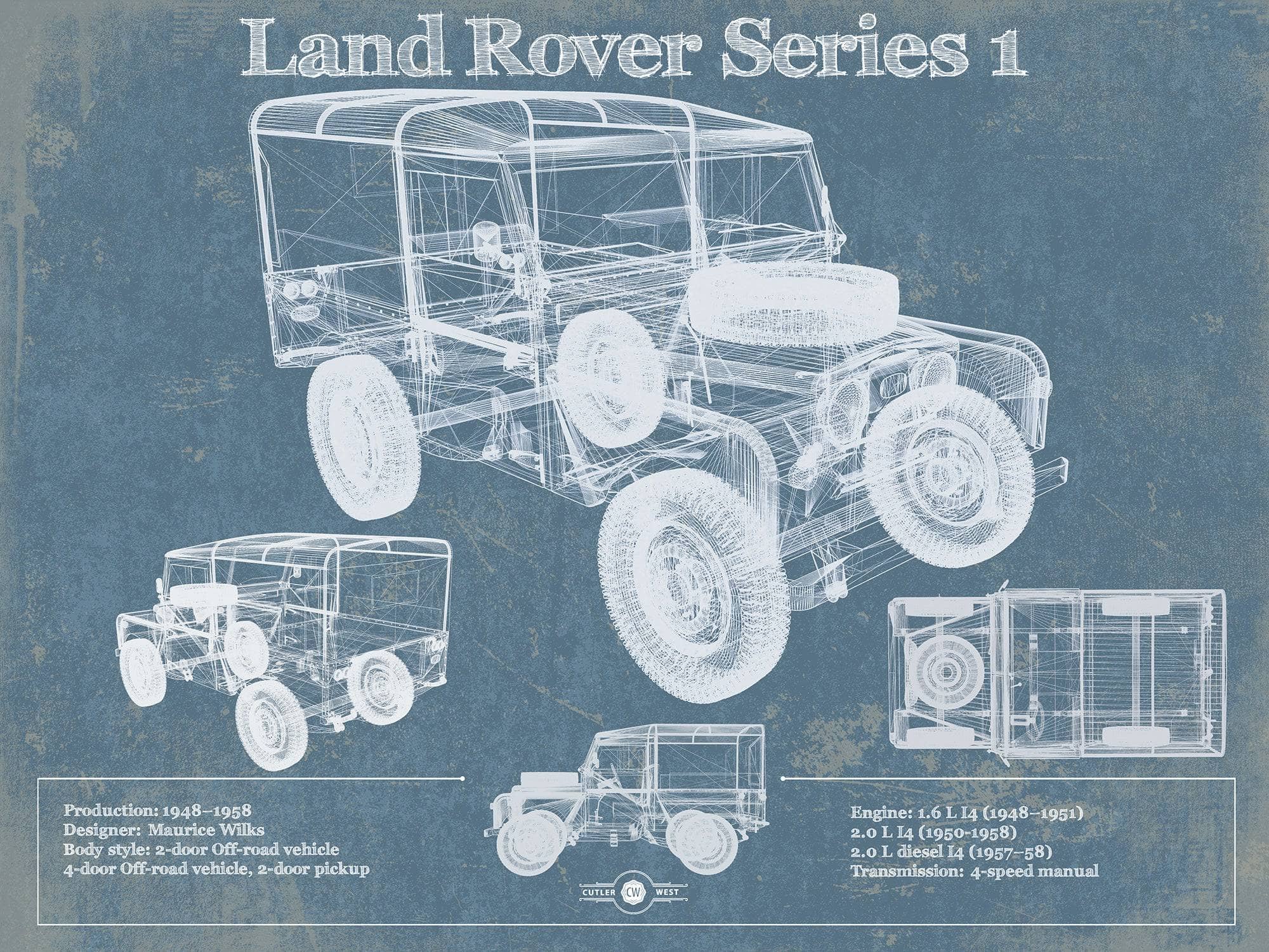 Cutler West Land Rover Collection 14" x 11" / Unframed Land Rover Series 1 Blueprint Vintage Auto Patent Print 814256170_65566