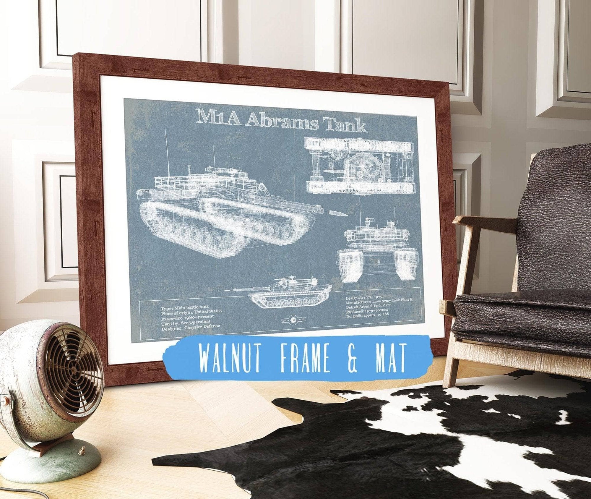 Cutler West Military Weapons Collection 14" x 11" / Walnut Frame & Mat M1A Abrams Tank Vintage Blueprint Print 891066671_18728