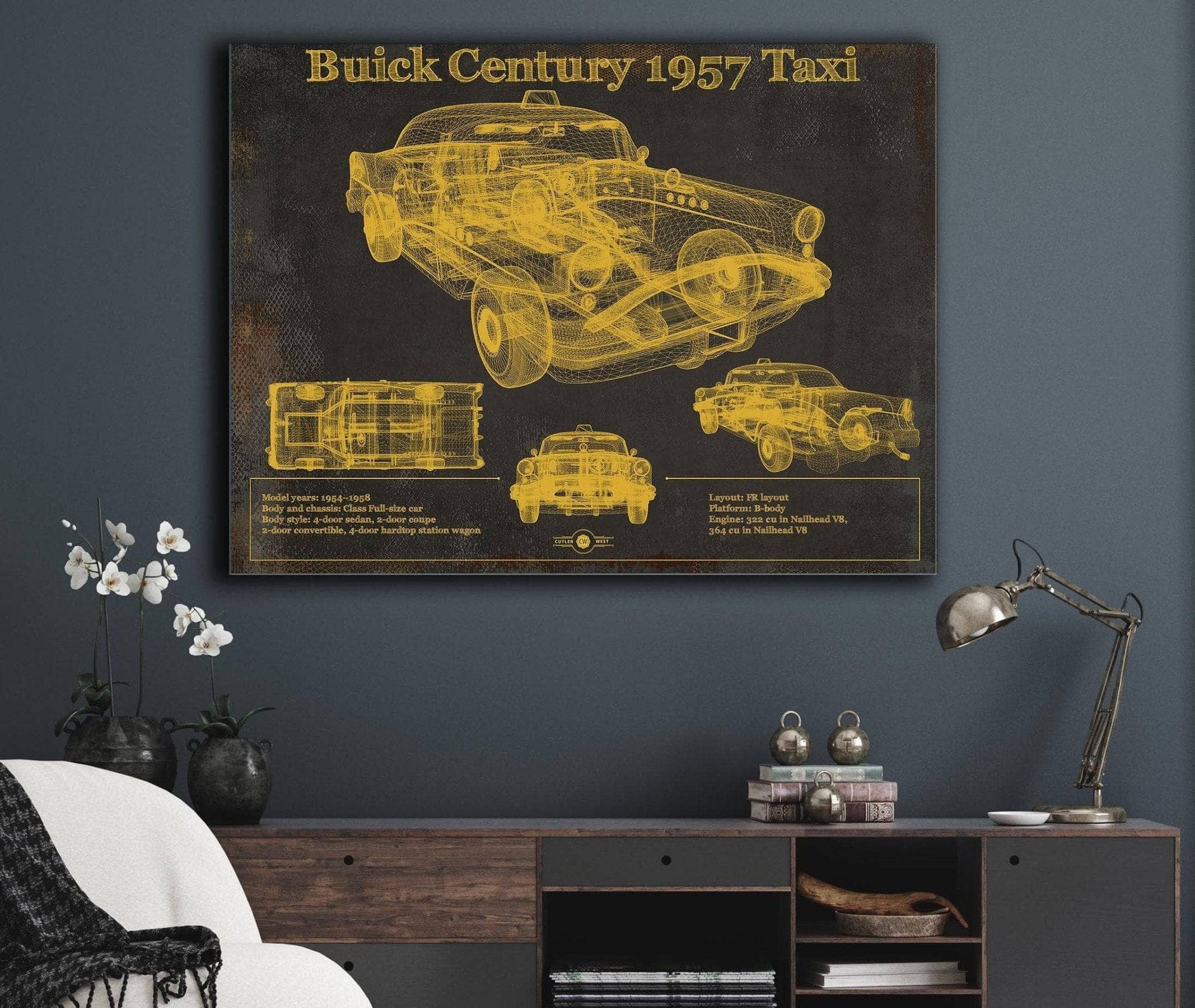 Cutler West Vehicle Collection 1957 Buick Century Taxi Blueprint Dark Color Vintage Auto Print