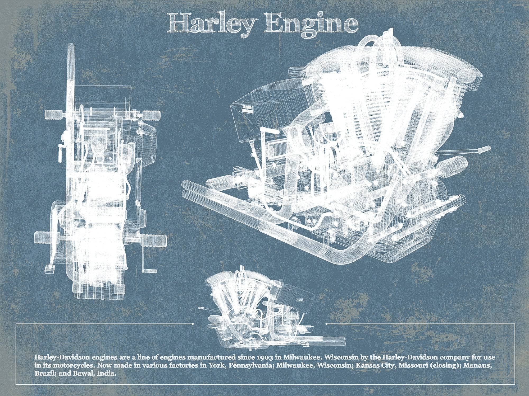 Cutler West 14" x 11" / Unframed Harley-Davidson Engine Vintage Blueprint Motorcycle Engine Patent Print 833110036_18658