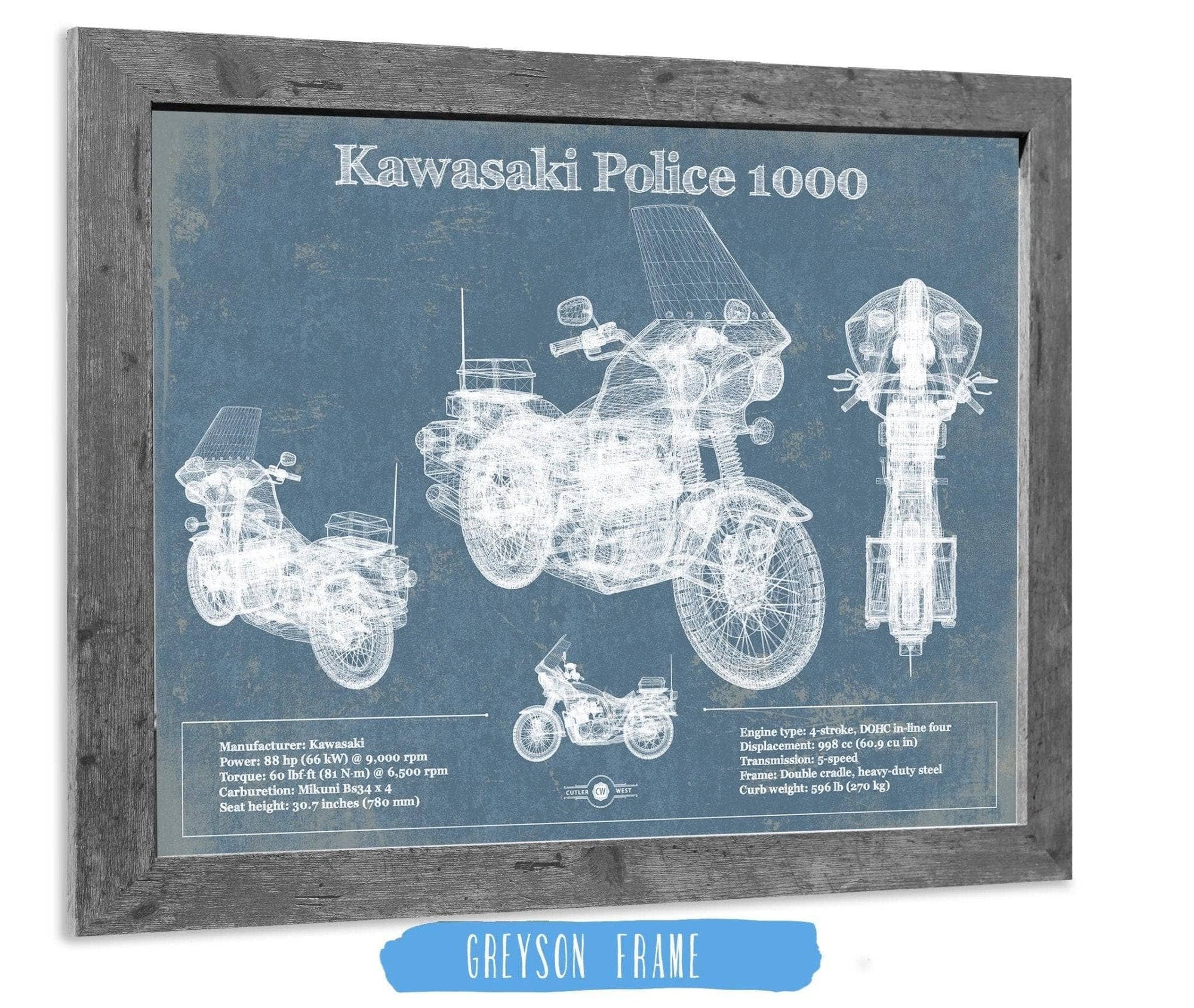 Cutler West Kawasaki Police 1000 Vintage Blueprint Motorcycle Patent Print
