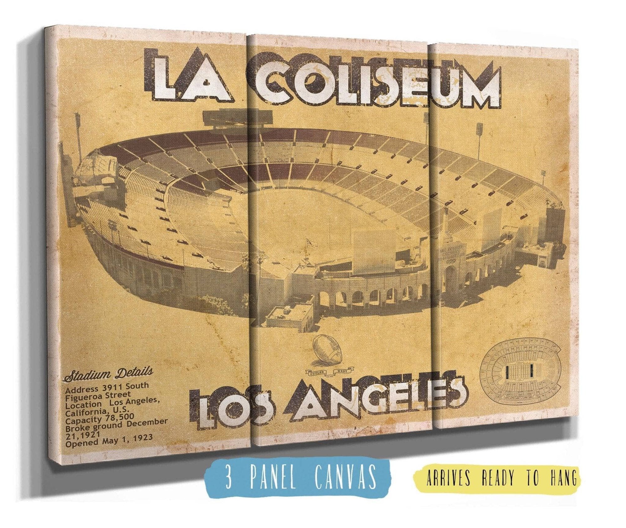 Cutler West Pro Football Collection 48" x 32" / 3 Panel Canvas Wrap Los Angeles Rams LA Coliseum Seating Chart - Vintage Football Print 728039387_65286