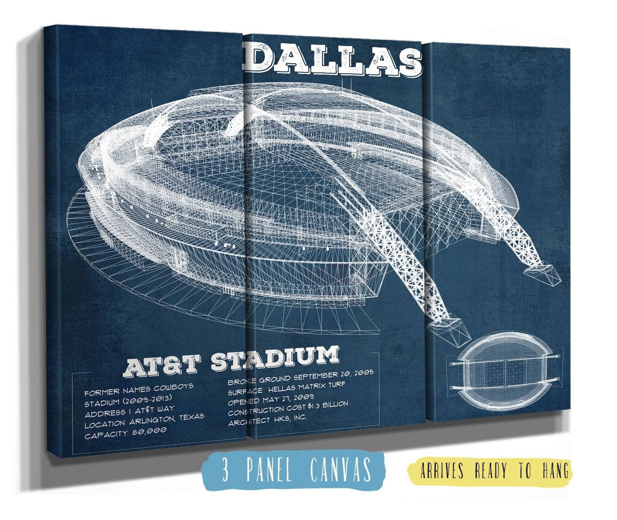 Cutler West Pro Football Collection 48" x 32" / 3 Panel Canvas Wrap Dallas Cowboys - AT&T Stadium - Vintage Football Print 667011899-TOP