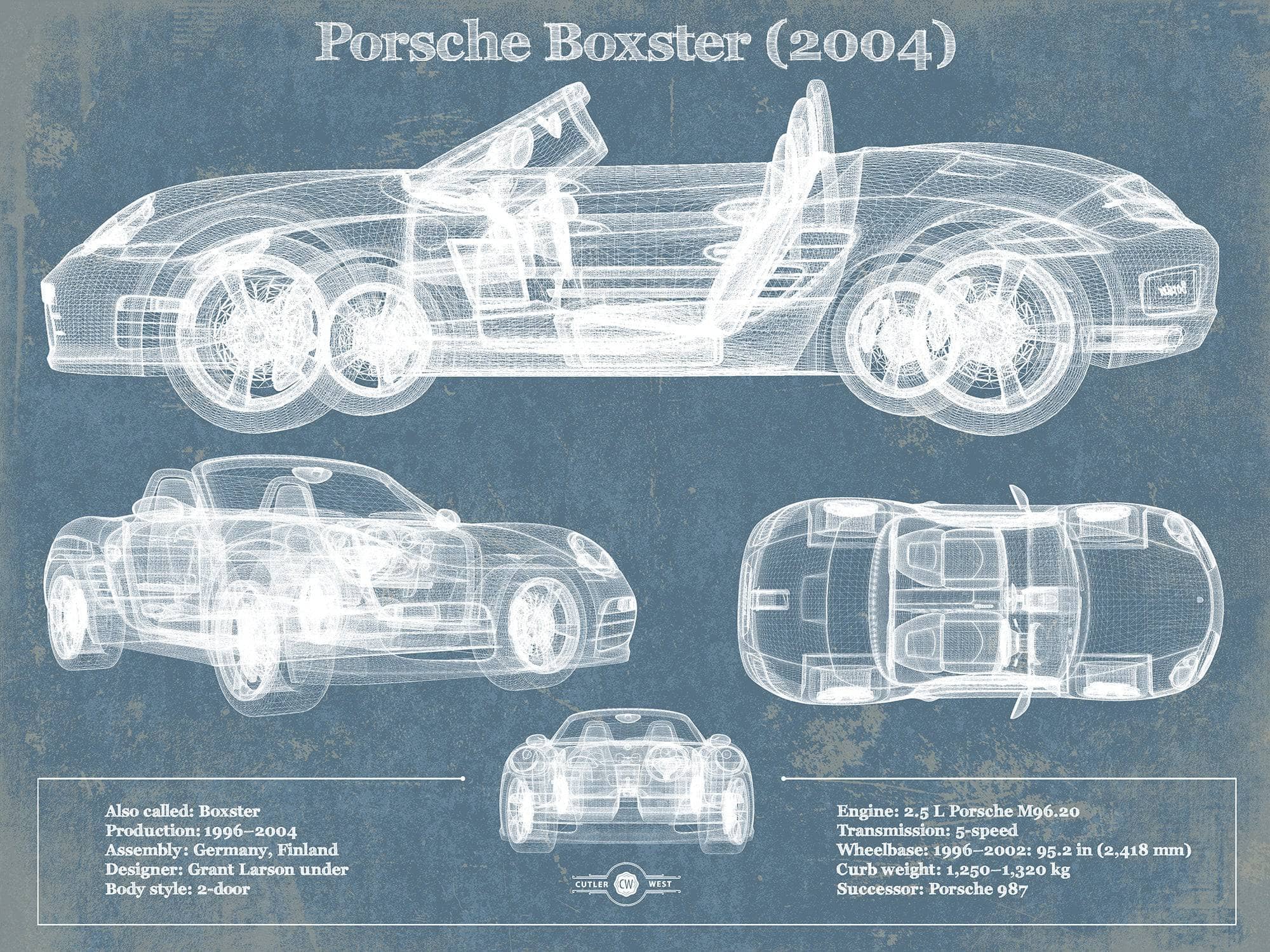 Cutler West Porsche Collection 14" x 11" / Unframed Porsche Boxster (2004) Blueprint Vintage Auto Print 833110067_20374