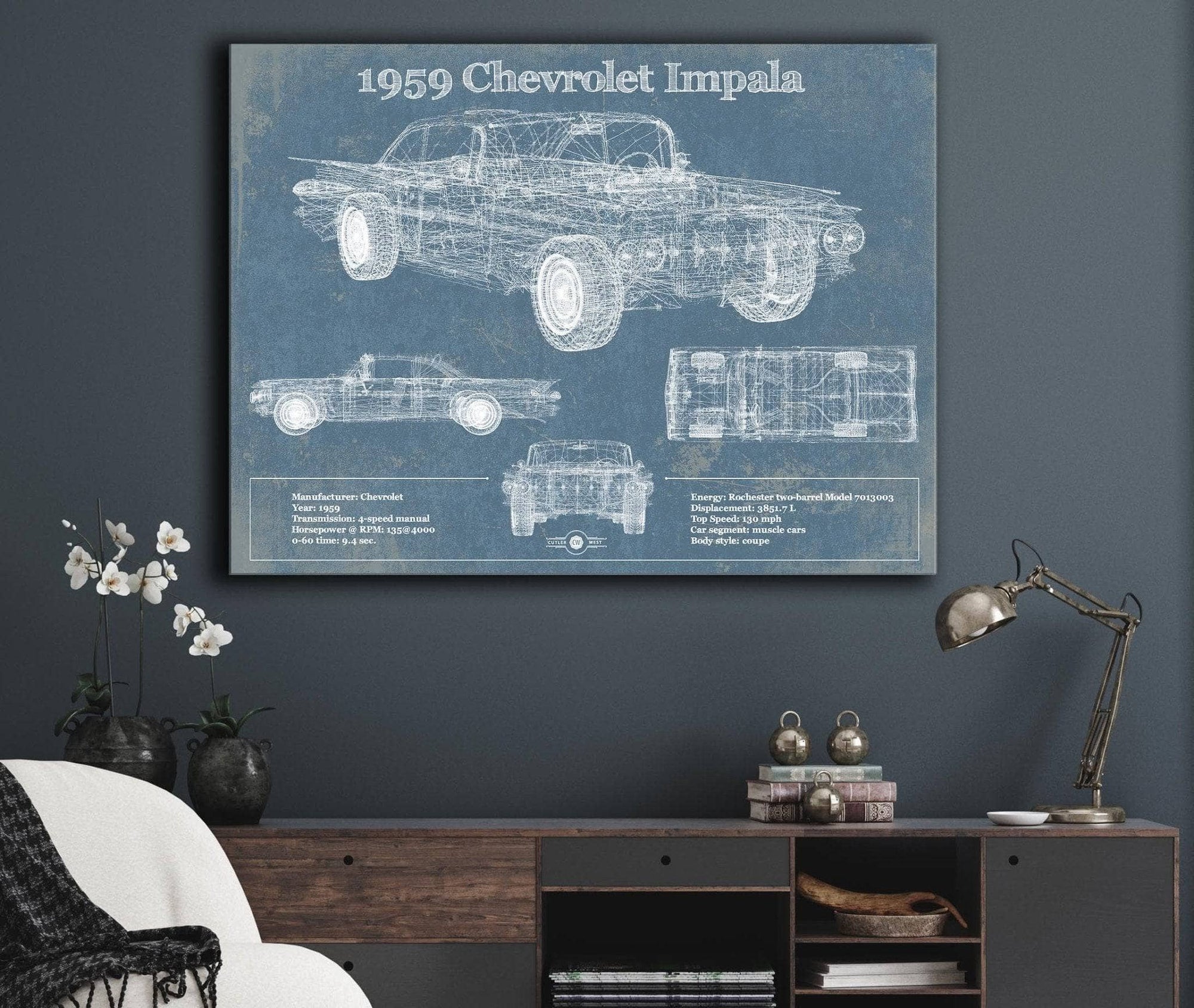Cutler West Chevrolet Collection 1959 Chevrolet Impala Blueprint Vintage Auto Print