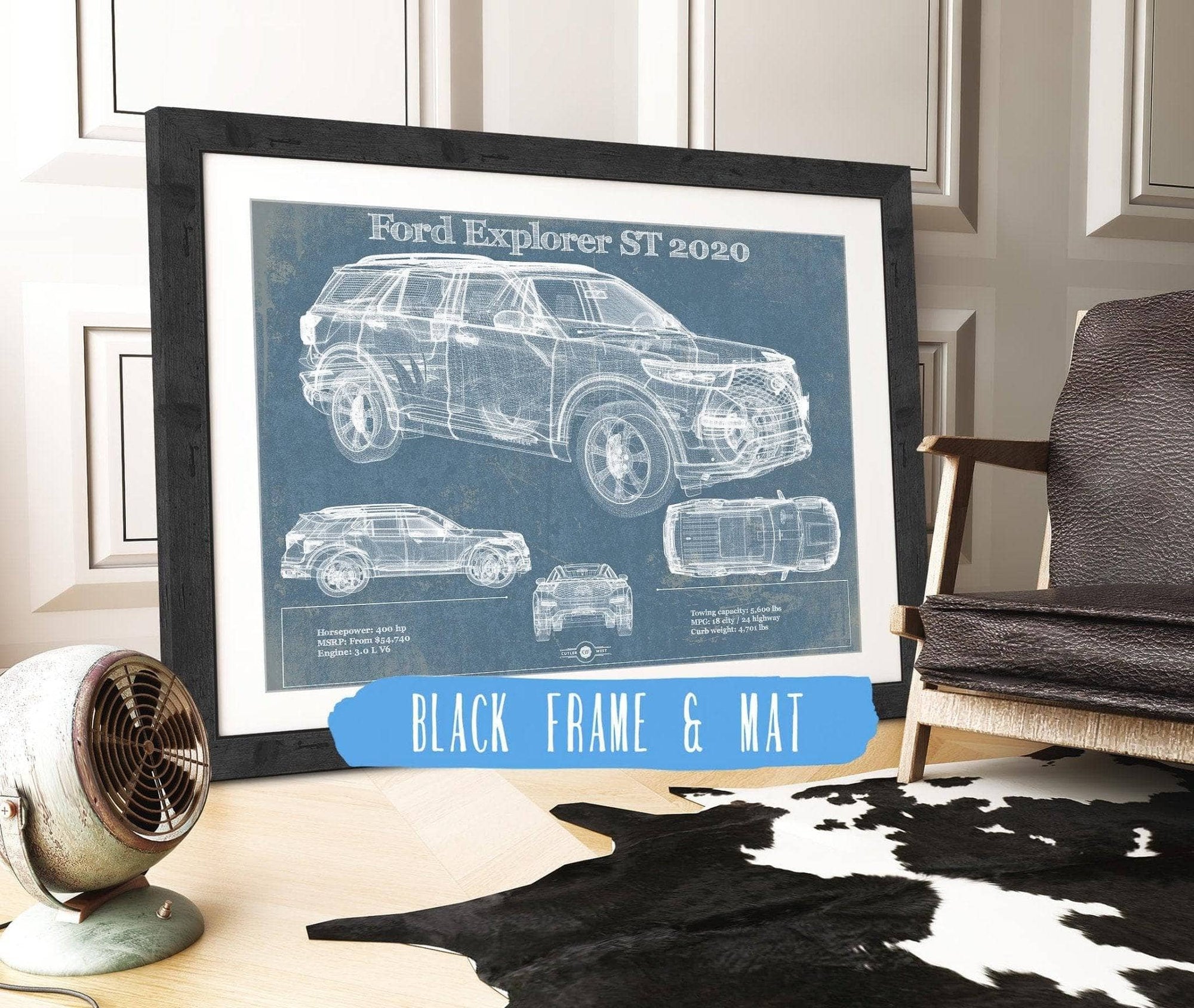 Cutler West Ford Collection 14" x 11" / Black Frame & Mat Ford Explorer ST 2020 Vintage Blueprint Auto Print 845000214_59959