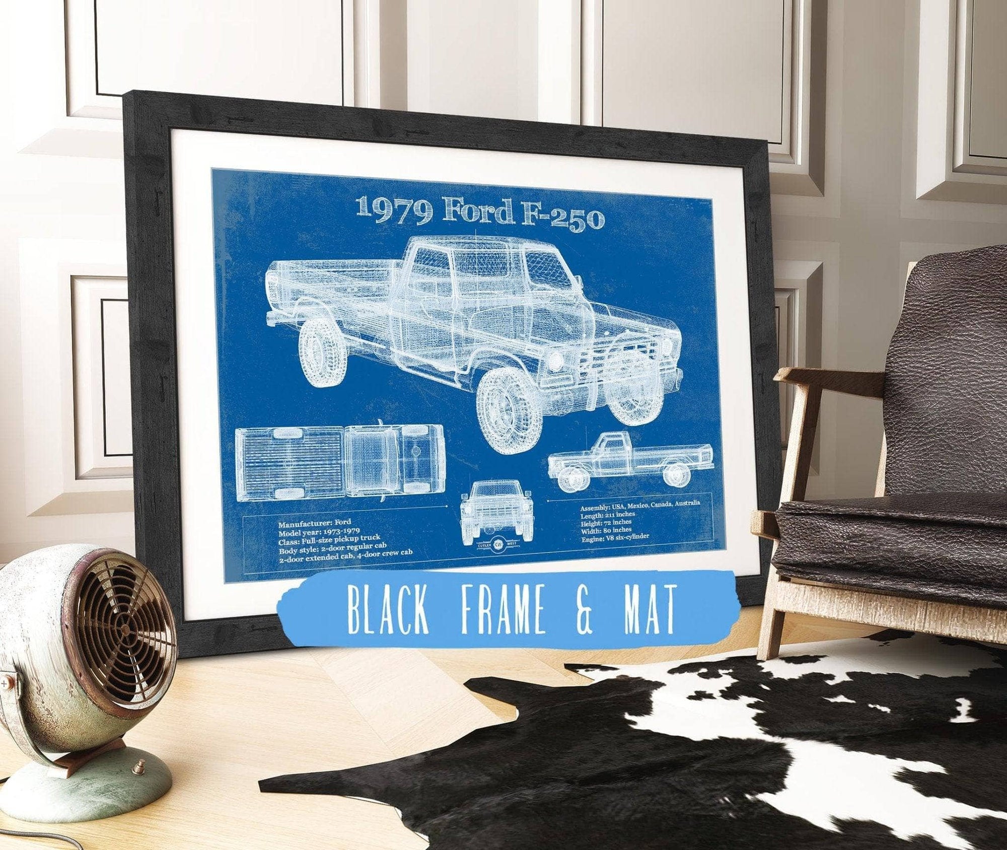 Cutler West Ford Collection 14" x 11" / Black Frame & Mat 1979 Ford F 250 Vintage Blueprint Auto Print 933311117_41413