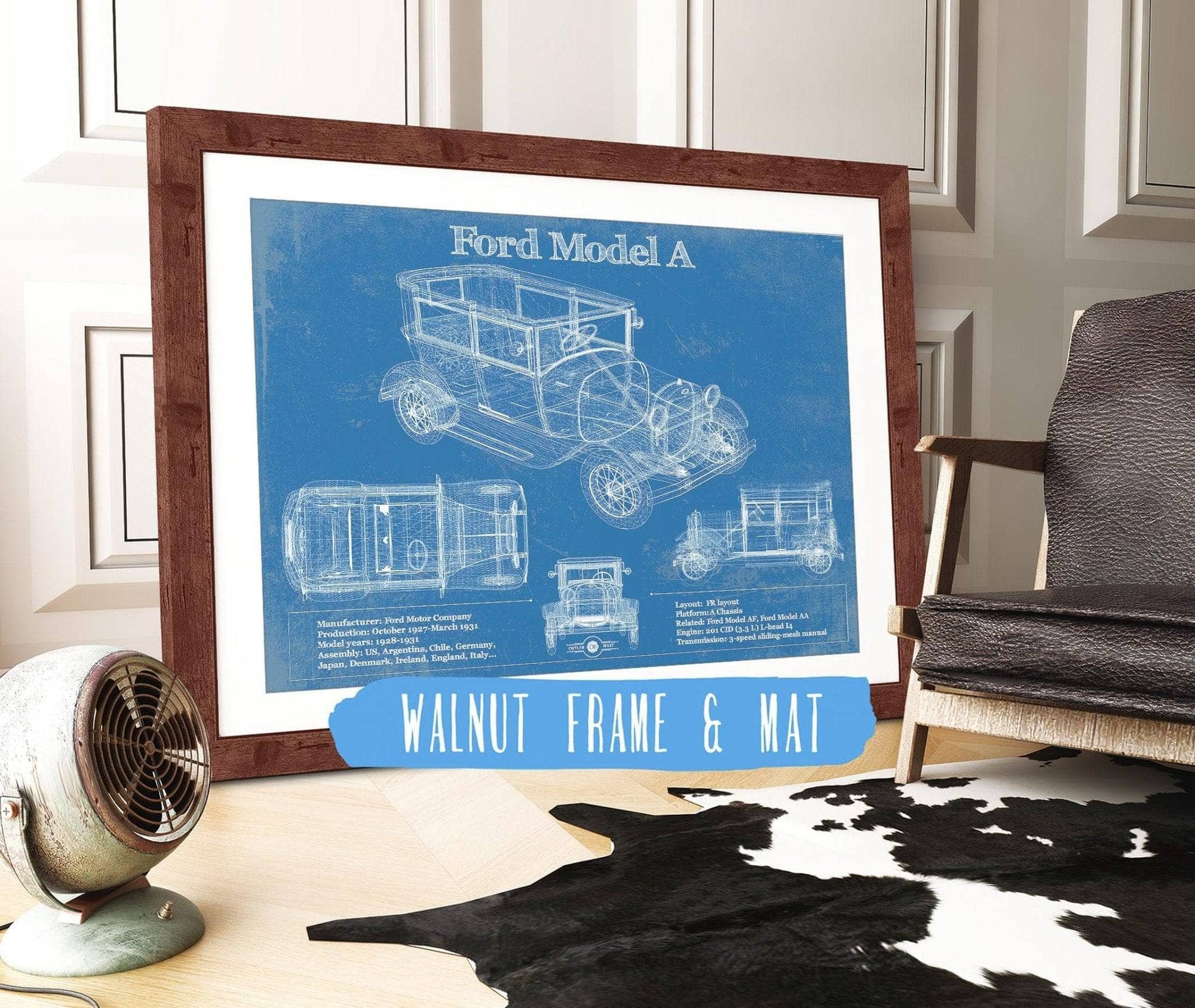 Cutler West Ford Collection 14" x 11" / Walnut Frame & Mat Ford Model A Vintage Blueprint Auto Print 933311082_19124