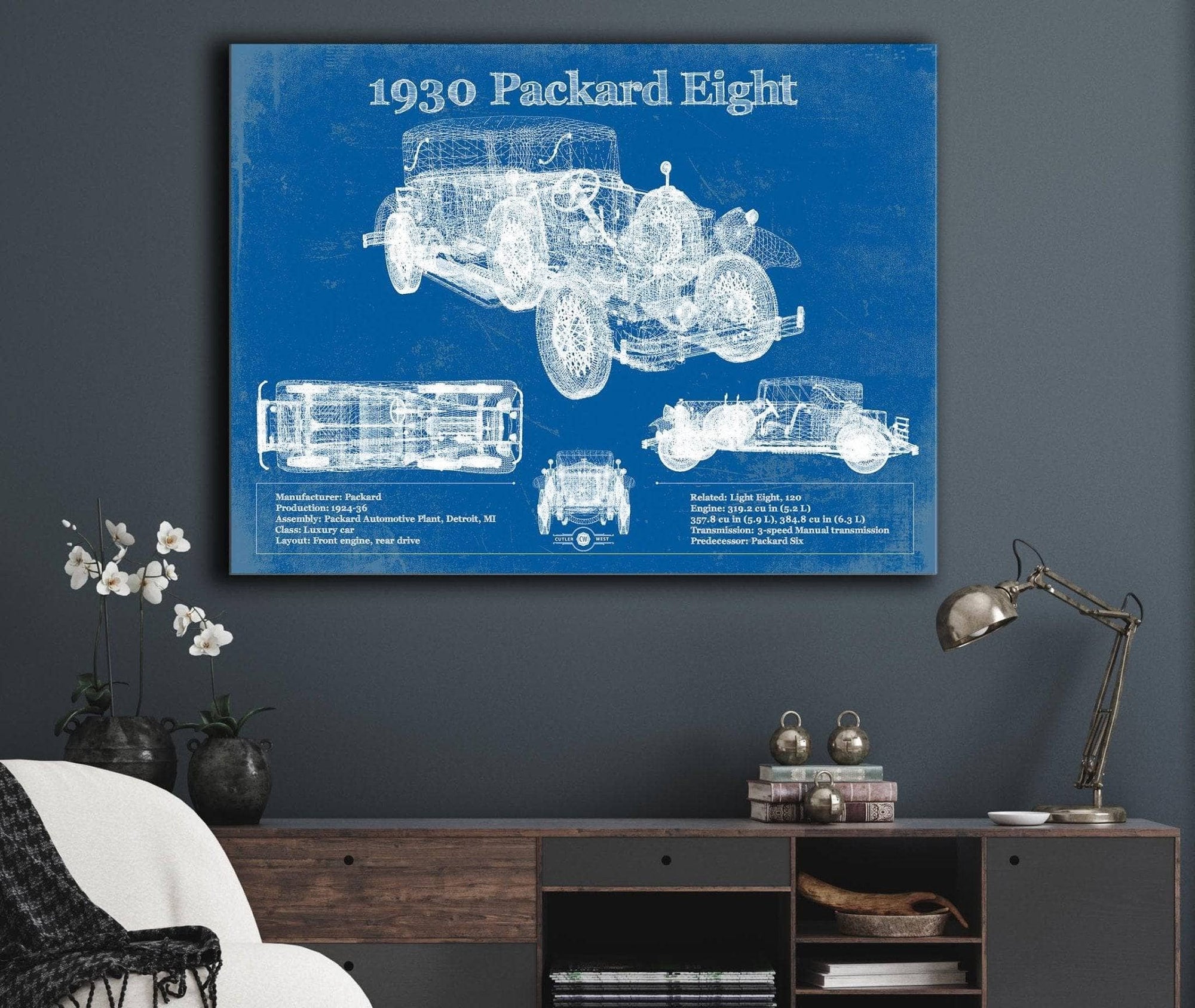 Cutler West Vehicle Collection 1930 Packard Eight Vintage Blueprint Auto Print