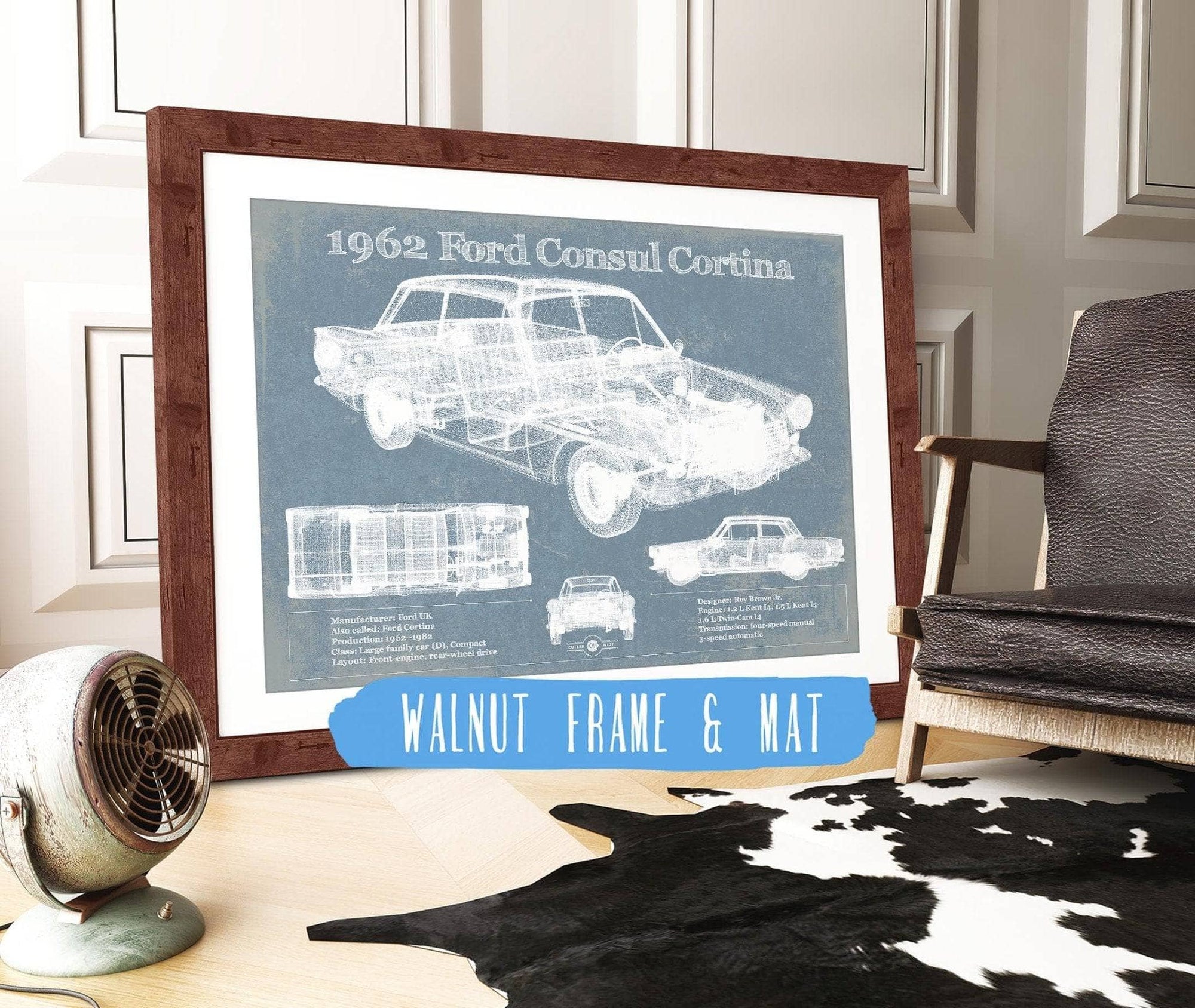 Cutler West Ford Collection 14" x 11" / Walnut Frame & Mat 1962 Ford Consul Cortina Mark I Original Blueprint Art 933311140_34617