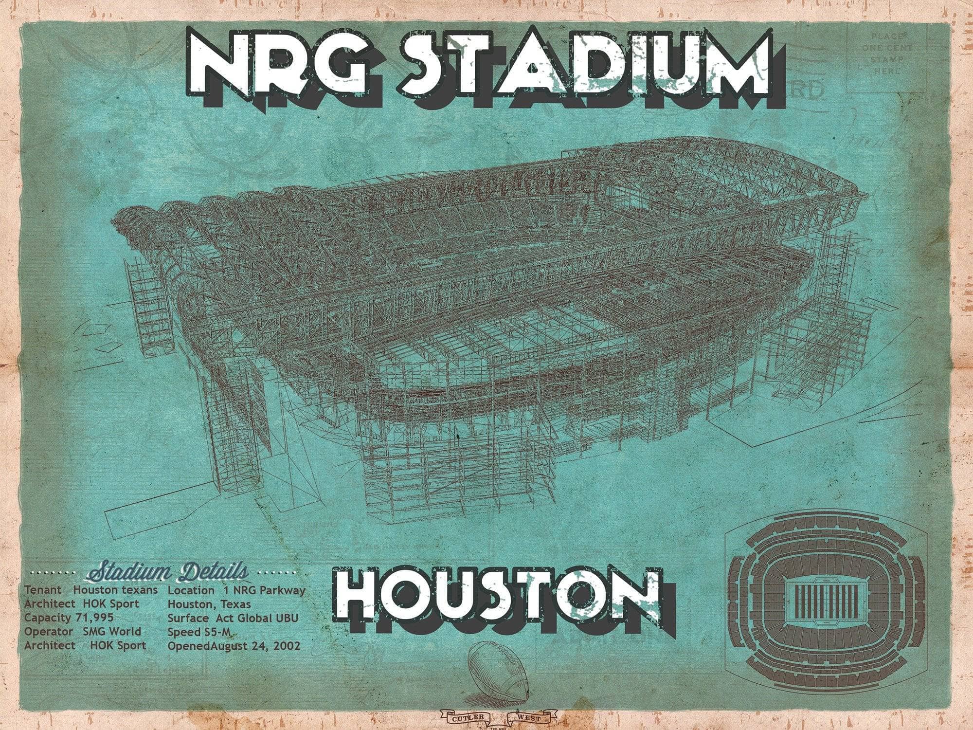 Cutler West Pro Football Collection 14" x 11" / Unframed Houston Texans NRG Stadium Vintage Football Print 698624124_70625