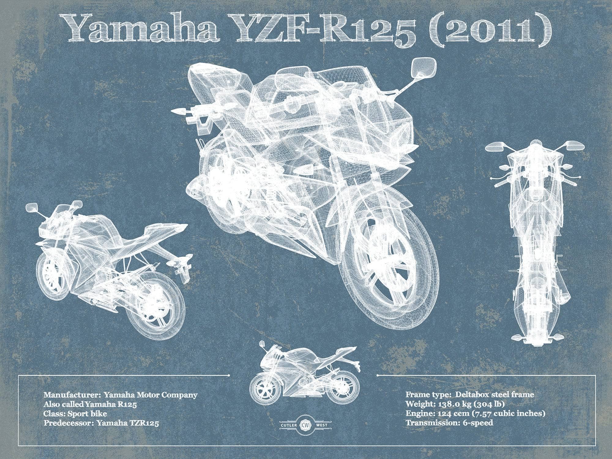 Cutler West 14" x 11" / Unframed Yamaha SR125 Blueprint Motorcycle Patent Print 833110054-14"-x-11"7651