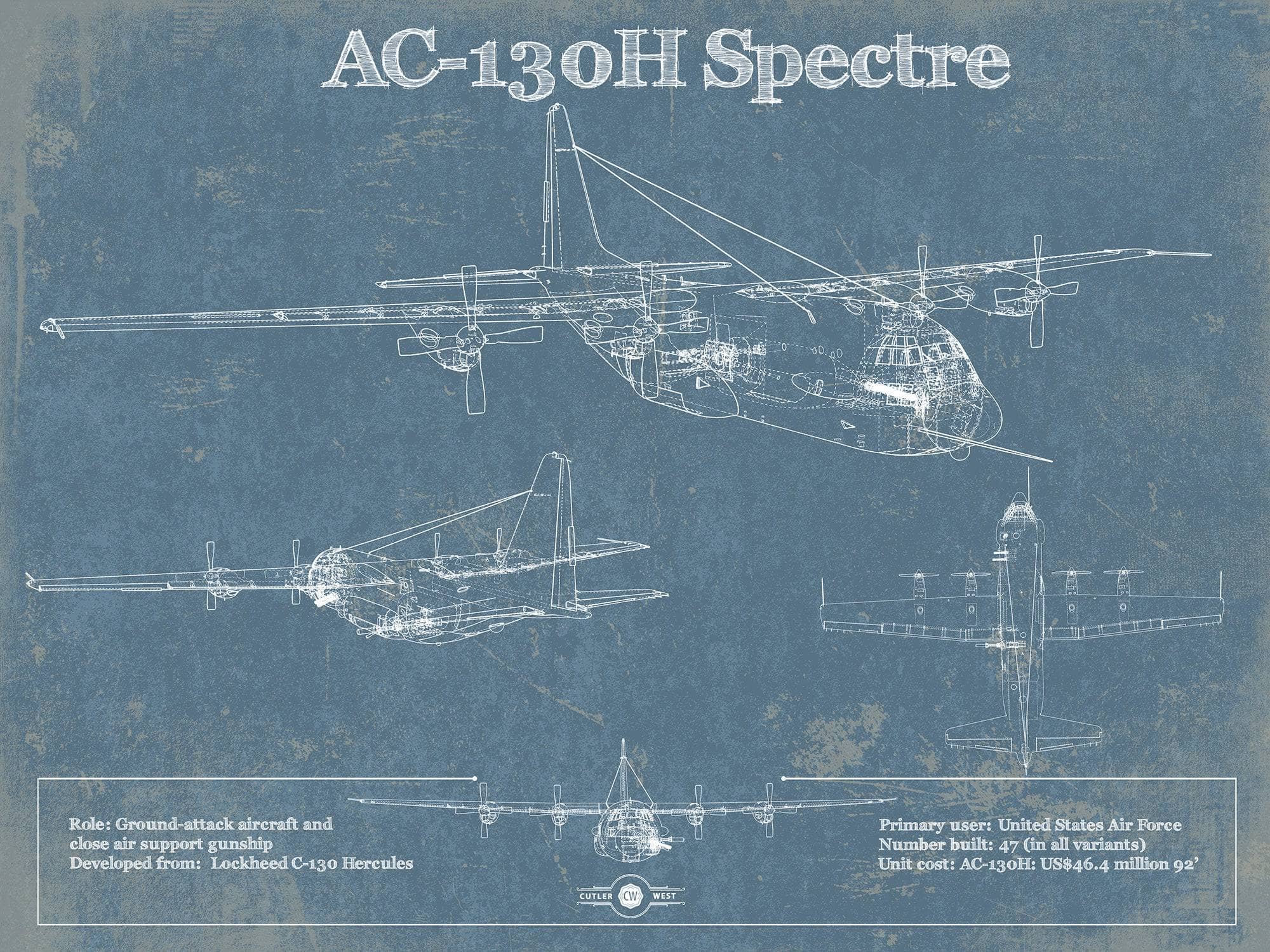 Cutler West Military Aircraft 20" x 16" / Unframed Lockheed AC-130H Spectre Vintage Aviation Blueprint Military Print 933311074_39046
