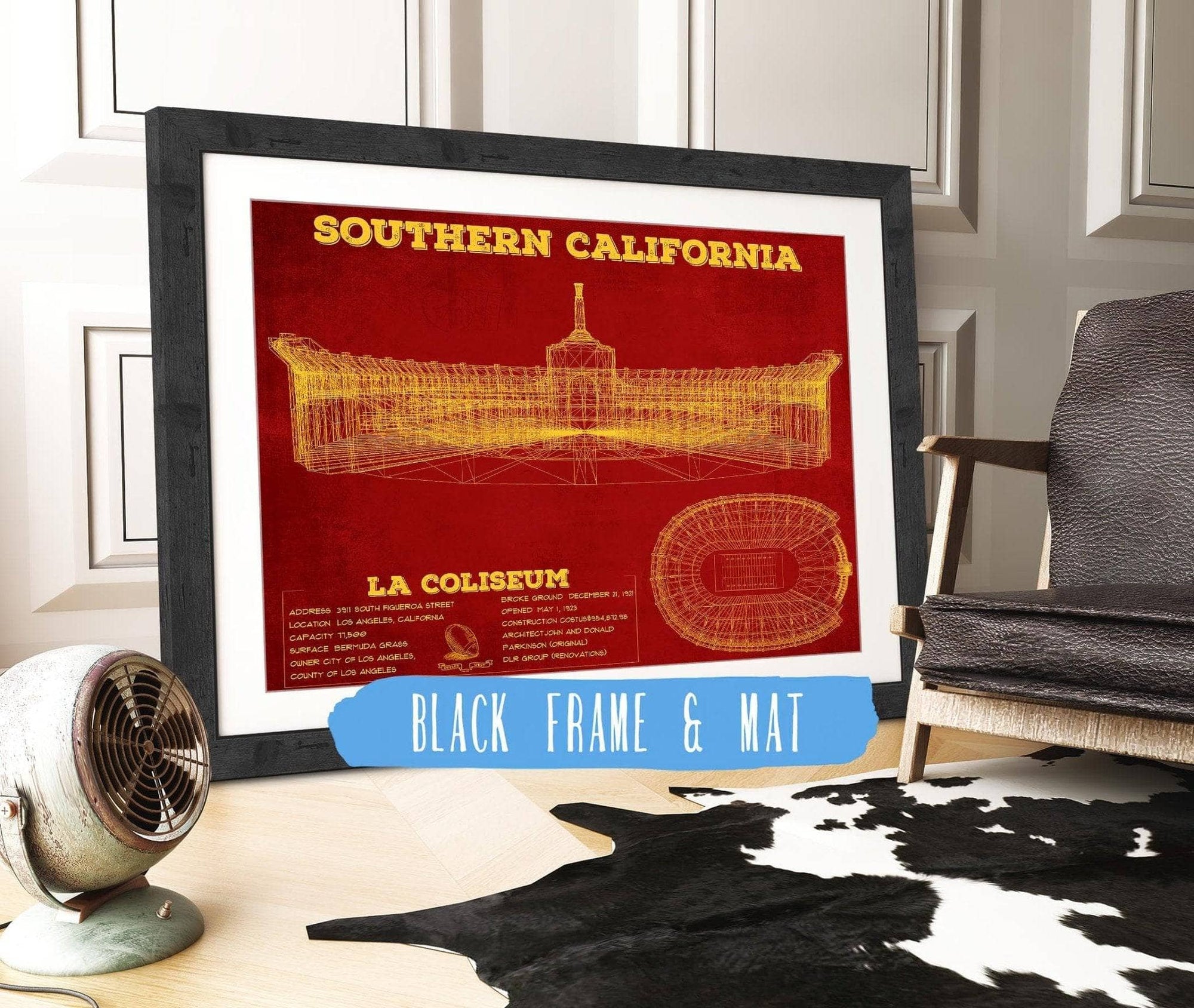 Cutler West College Football Collection 14" x 11" / Black Frame & Mat Vintage USC Trojans - LA Coliseum Blueprint Art Print 737528166-14"-x-11"66092