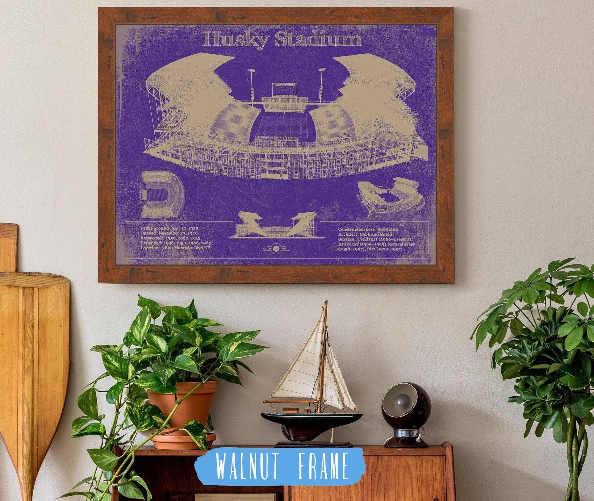 Cutler West 14" x 11" / Walnut Frame Washington Huskies Art - Husky Stadium Vintage Stadium Blueprint Art Print 835000008-14"-x-11"59432