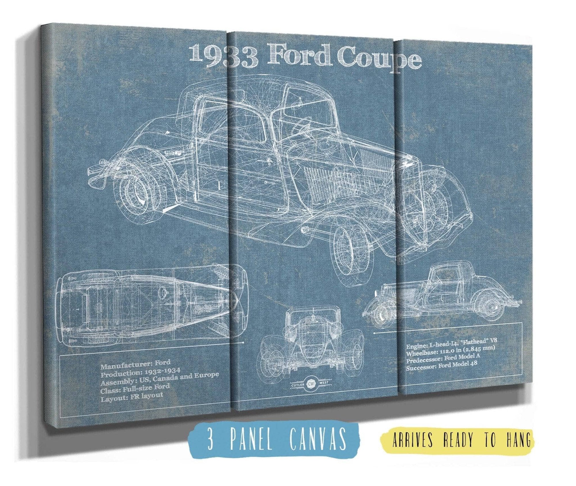 Cutler West Ford Collection 48" x 32" / 3 Panel Canvas Wrap 1933 Ford Coupe Vintage Blueprint Auto Print 933311095_34927