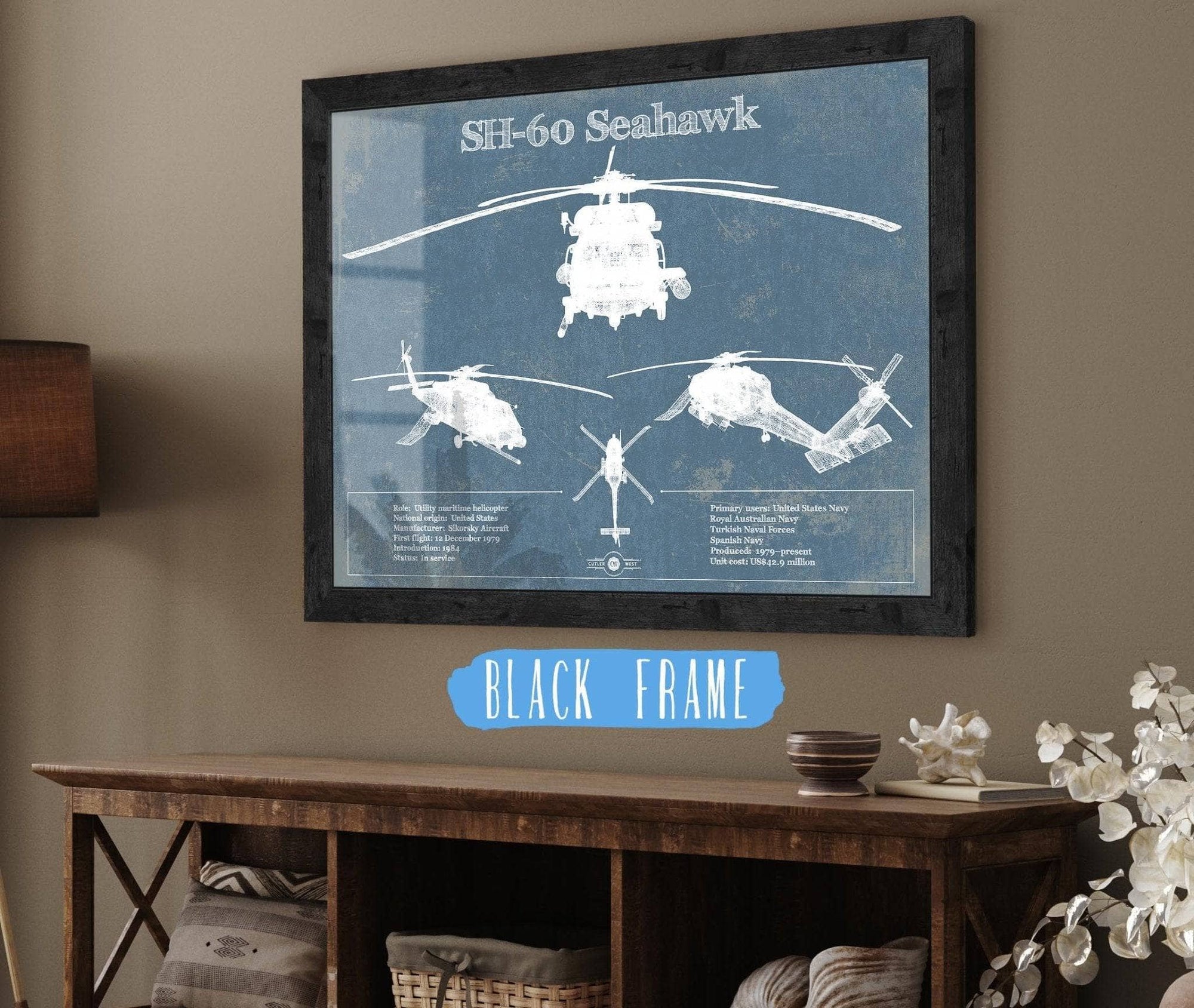 Cutler West Military Aircraft 14" x 11" / Black Frame SH-60/MH-60 Seahawk Helicopter Vintage Aviation Blueprint Military Print 833447904_25061