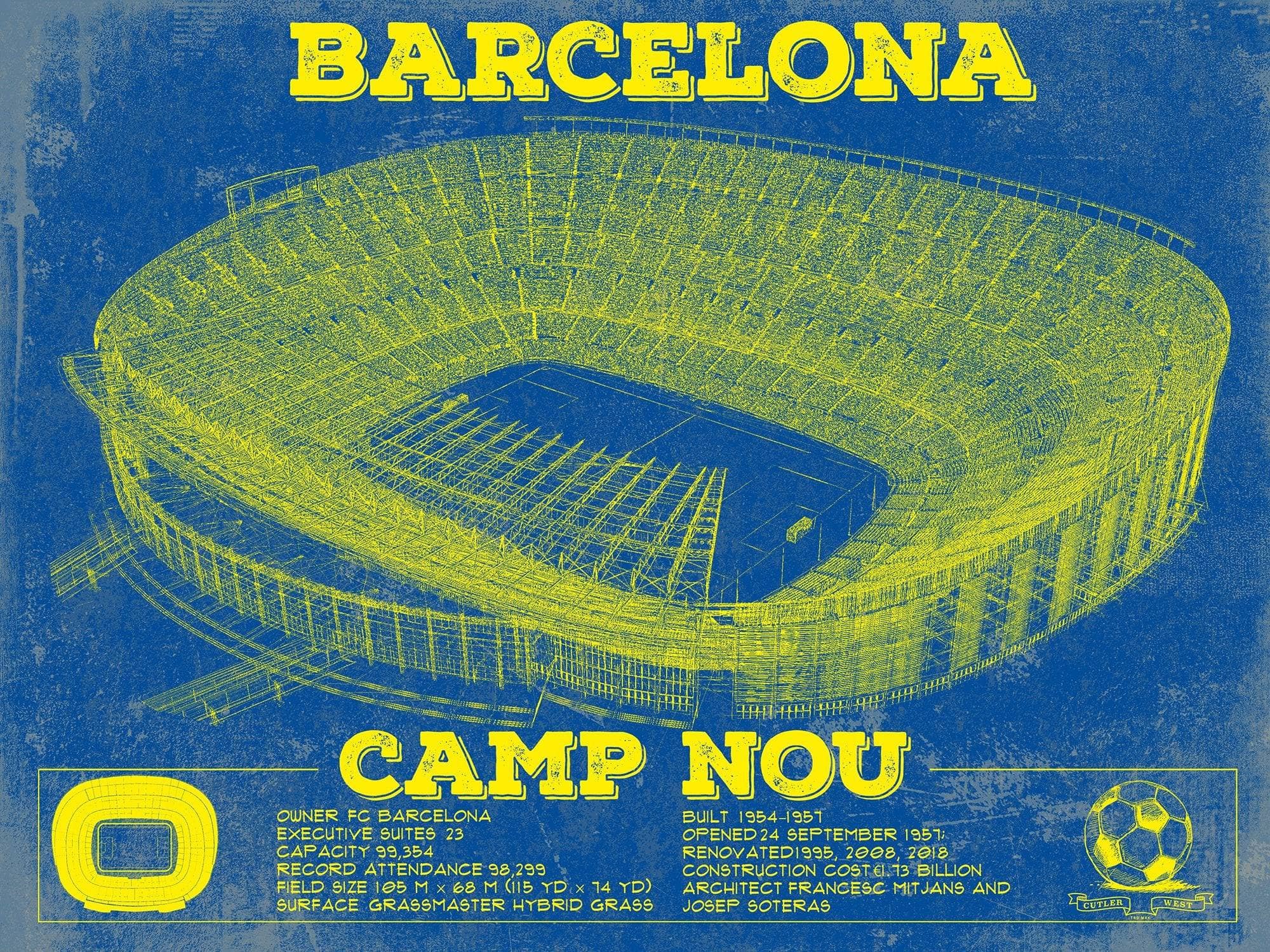 Cutler West Soccer Collection 14" x 11" / Unframed Vintage FC Barcelona Camp Nou Team Color Stadium Soccer Print 756660371-14"-x-11"44909