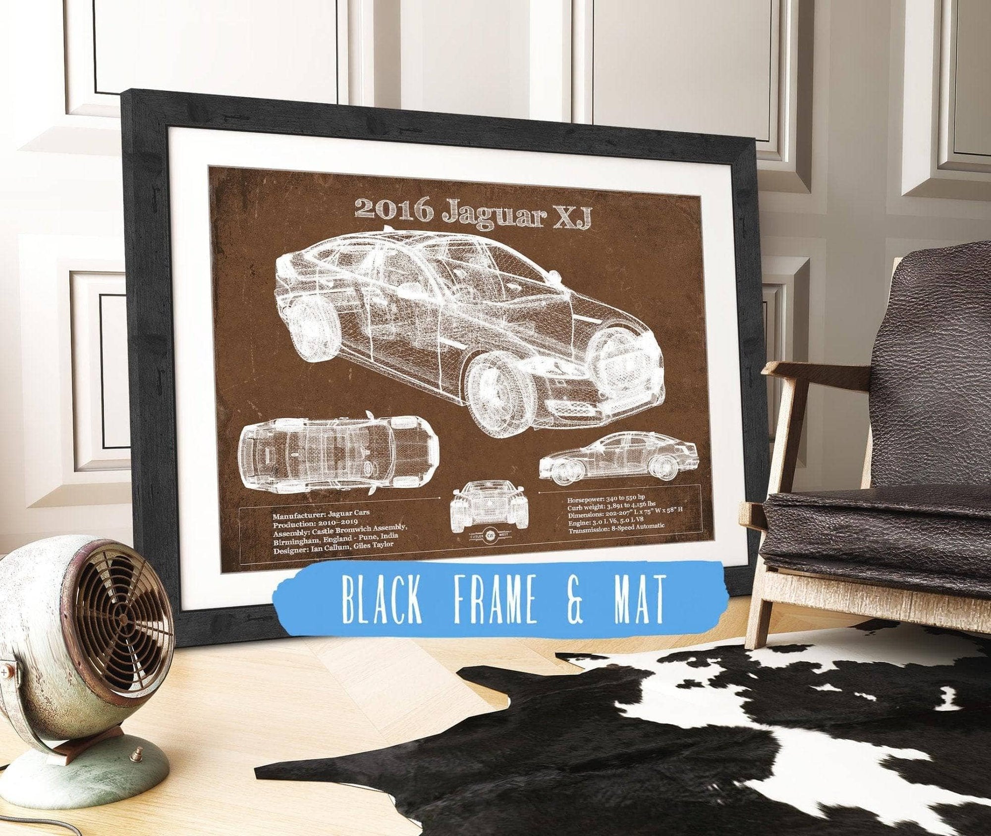 Cutler West Jaguar Collection 14" x 11" / Black Frame & Mat 2016 Jaguar XJ Car Original Blueprint Art 933311141_37981