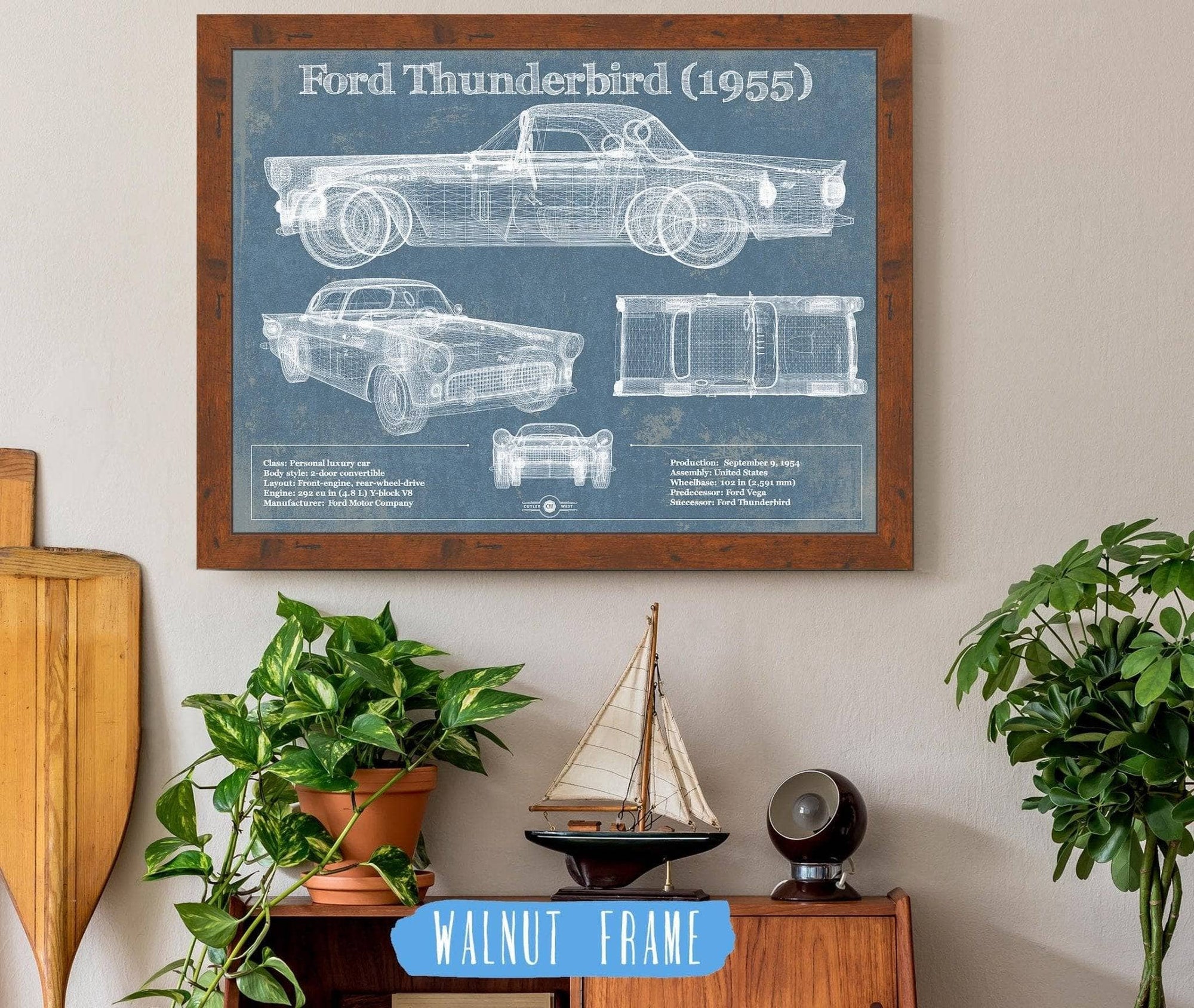 Cutler West Ford Collection 14" x 11" / Walnut Frame Ford Thunderbird 1955 Original Blueprint Art 873091560_19057