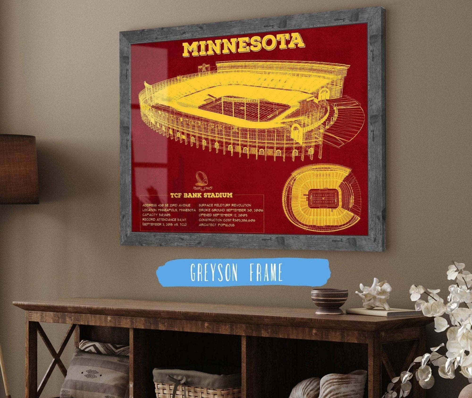 Cutler West College Football Collection 14" x 11" / Greyson Frame Minnesota Gophers - Vintage TCF Bank Stadium  Blueprint Art Print 738965824-TOP_72414