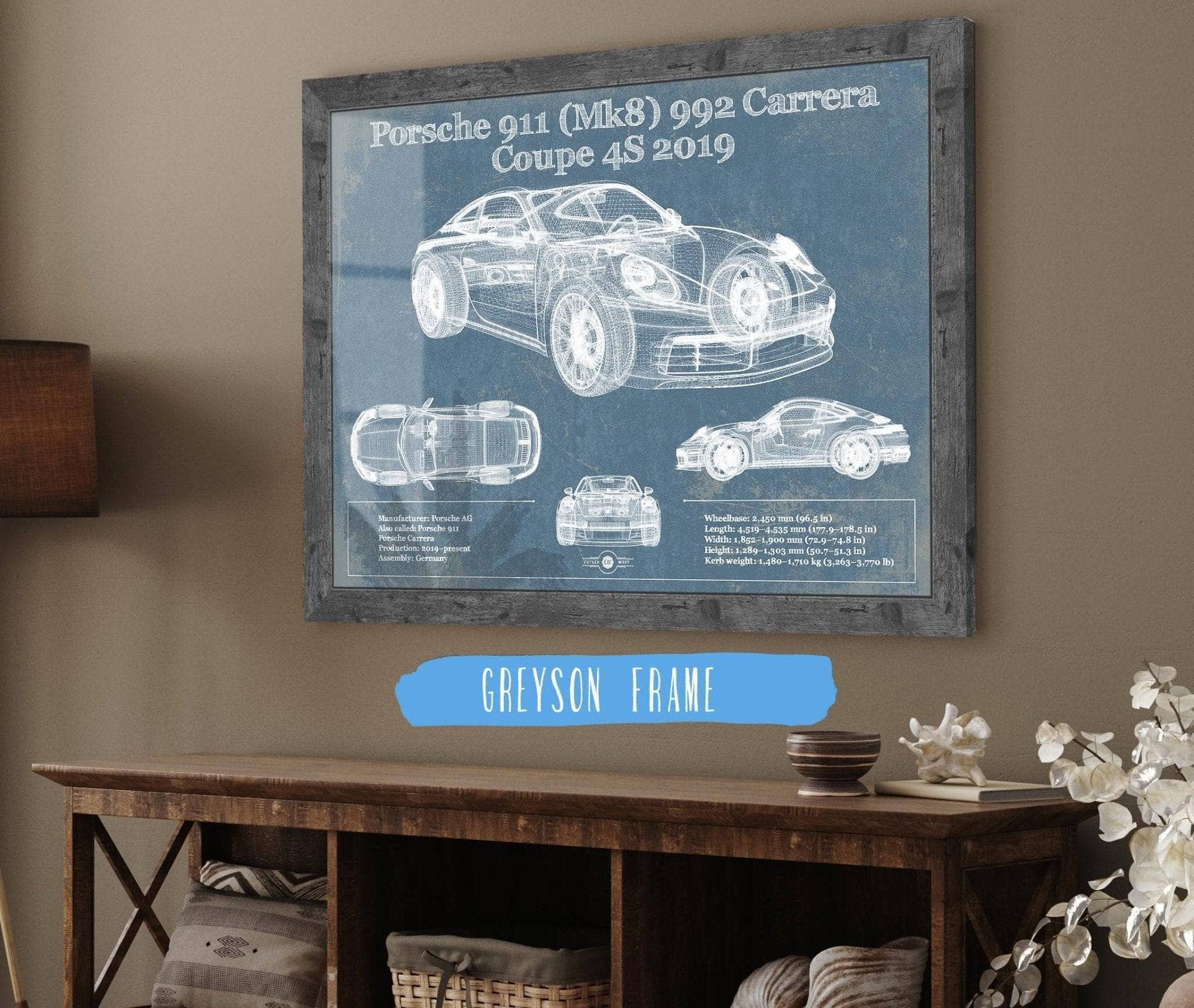 Cutler West Porsche Collection 24" x 18" / Greyson Frame Porsche 911 Mk8 992 Carrera Coupe 4s 2019 Vintage Blueprint Auto Print 845000299_68582