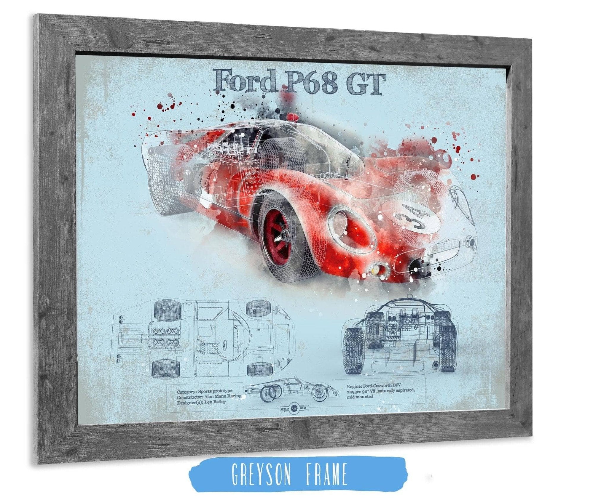 Cutler West Ford Collection 14" x 11" / Greyson Frame Ford P68 Ford 3L GT  F3L Vintage Sports Car Print 845000145_13791
