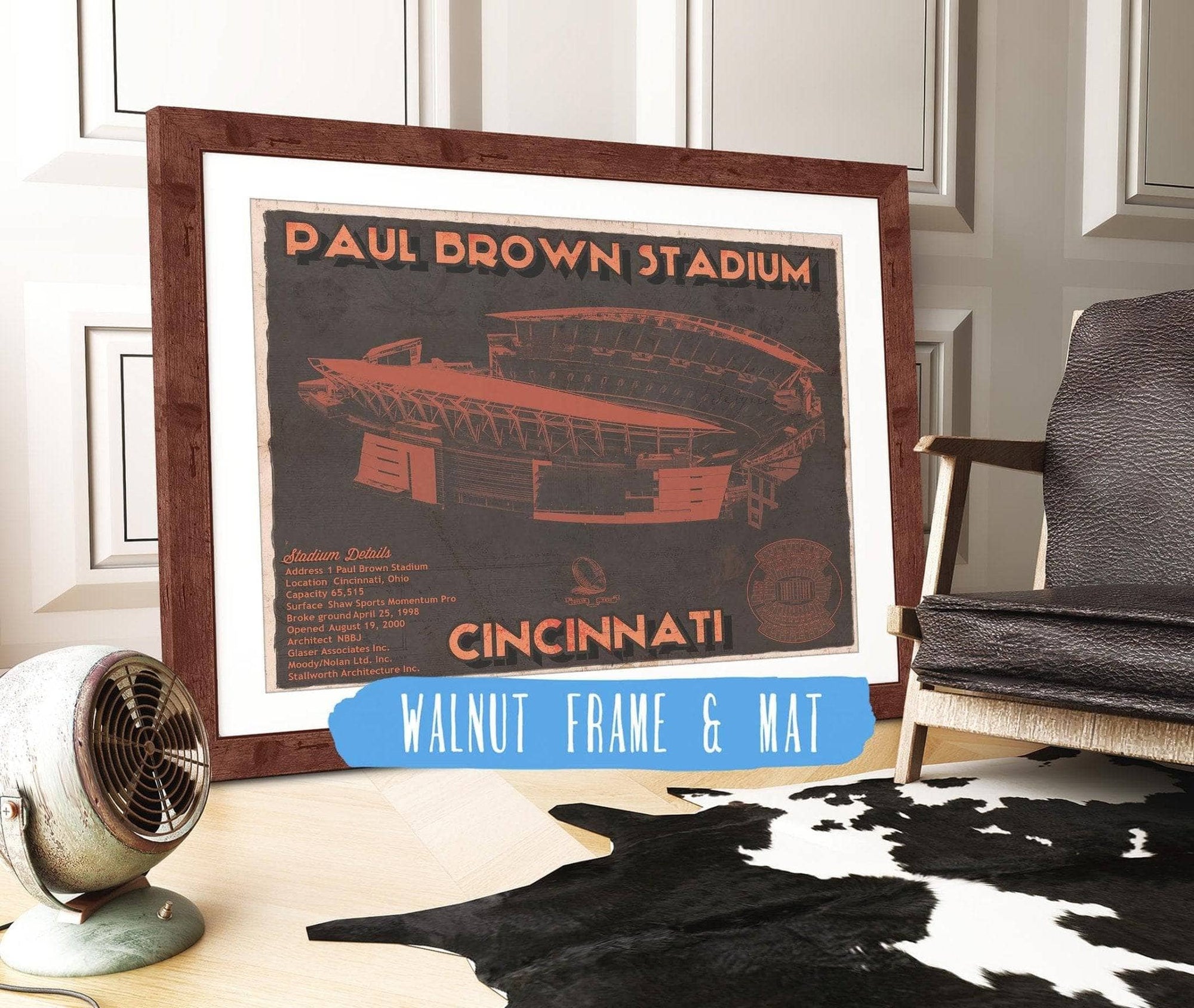 Cutler West Pro Football Collection 14" x 11" / Walnut Frame & Mat Cincinnati Bengals Paul Brown Stadium - Vintage Football Print 661536575_53493