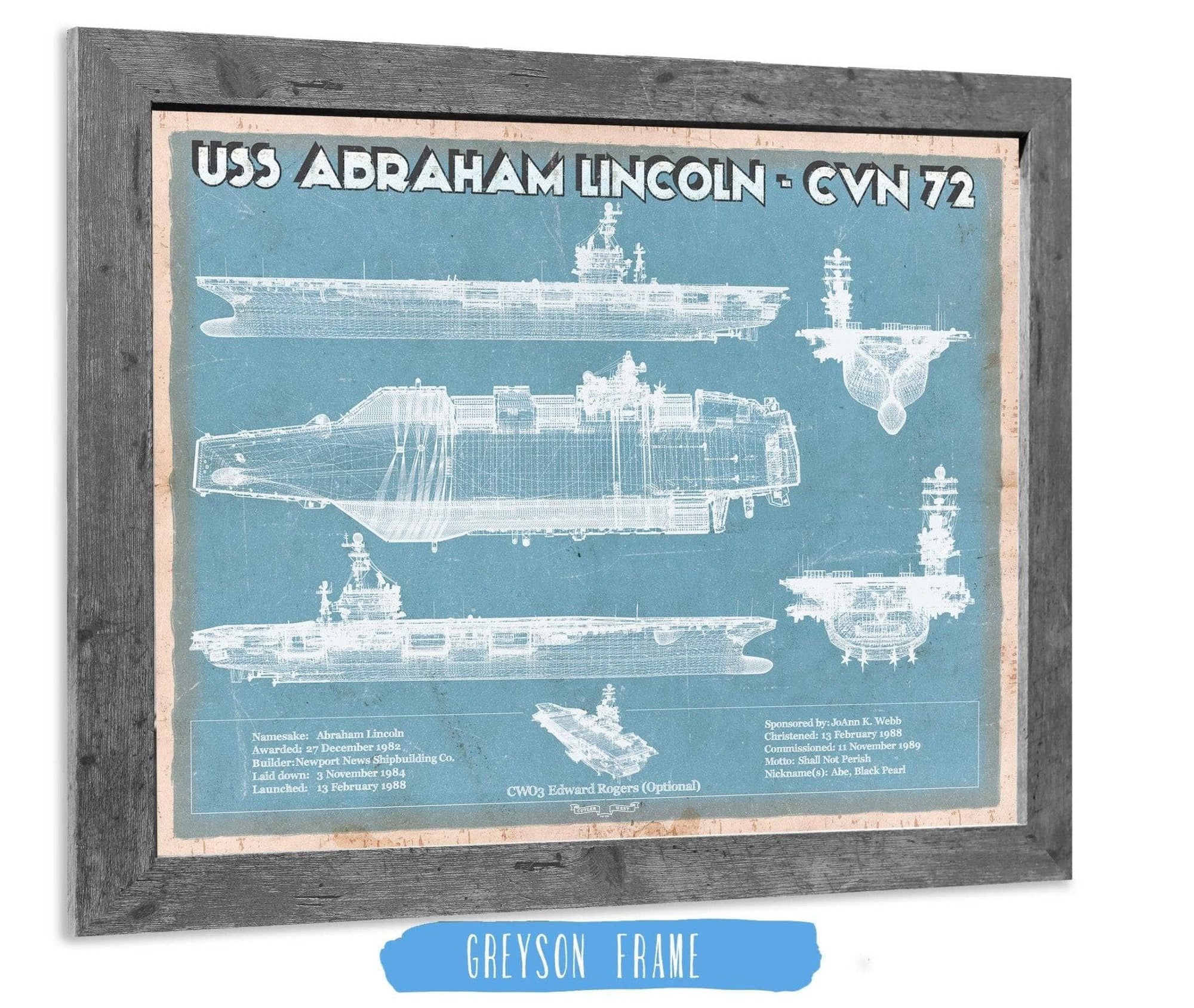 Cutler West Naval Military 14" x 11" / Greyson Frame USS Abraham Lincoln (CVN 72) Aircraft Carrier Blueprint Original Military Wall Art - Customizable 835000057_26255