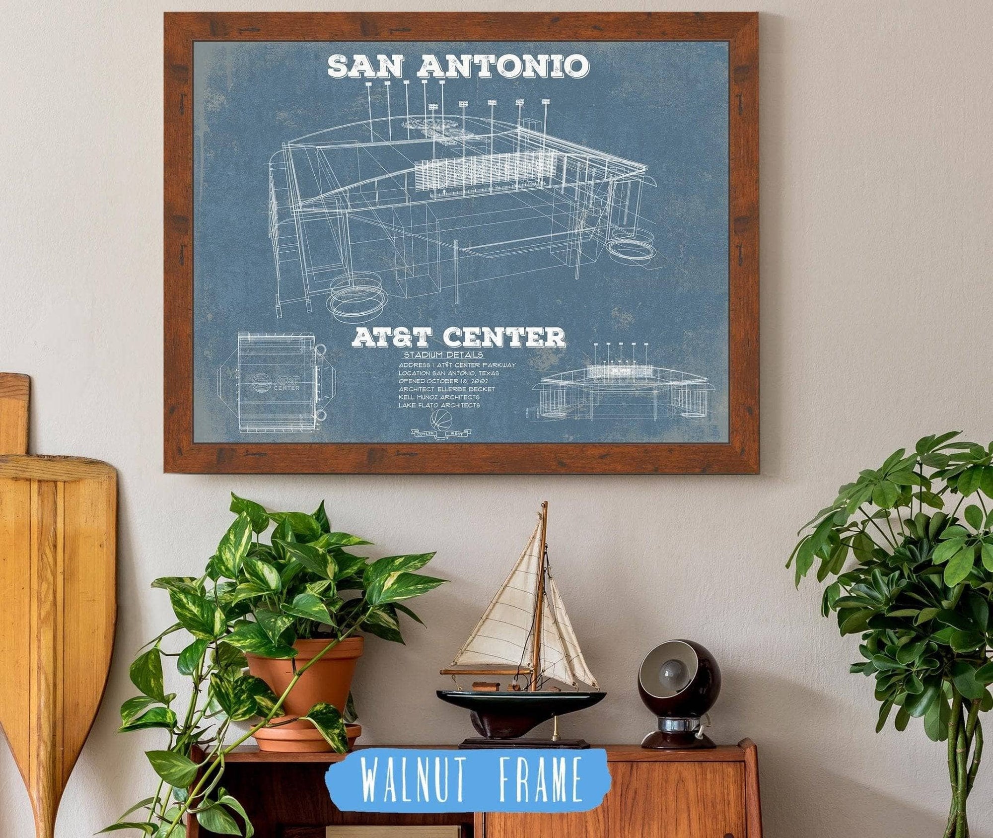 Cutler West Basketball Collection 14" x 11" / Walnut Frame San Antonio Spurs - AT&T Center Vintage Basketball Blueprint NBA Print 797490783_52040