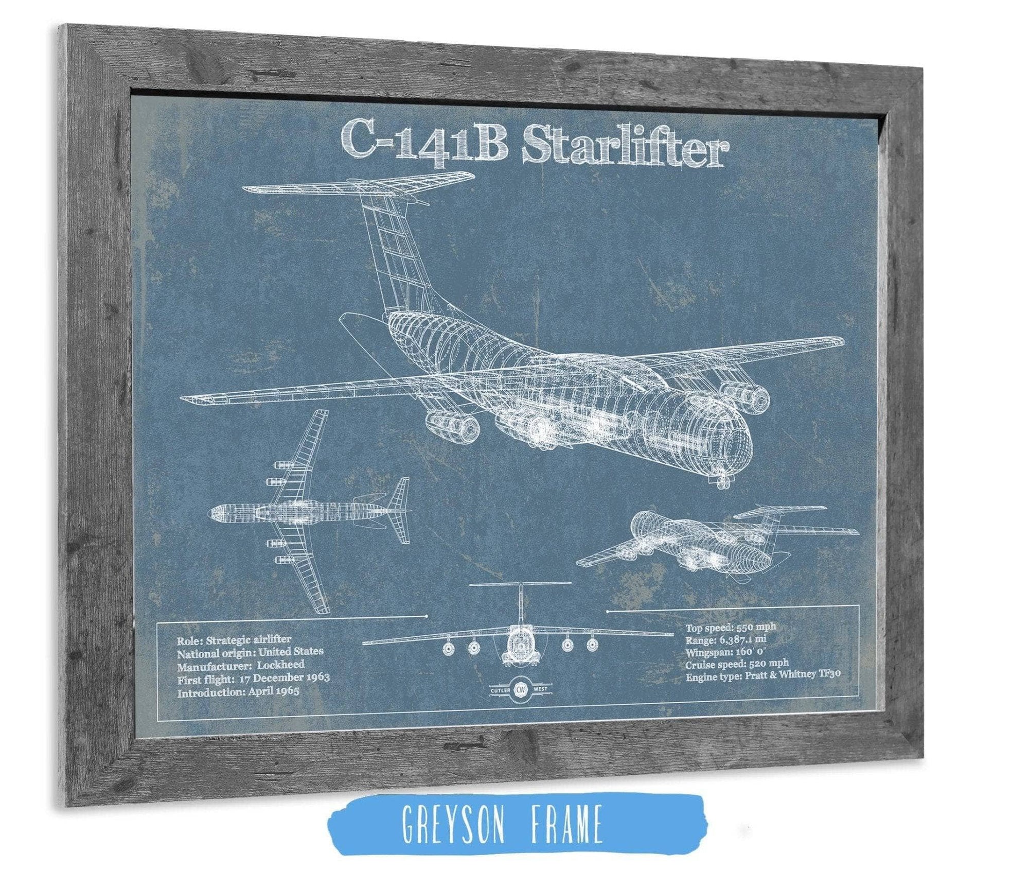 Cutler West Military Aircraft C-141B Starlifter Vintage Aviation Blueprint Military Print