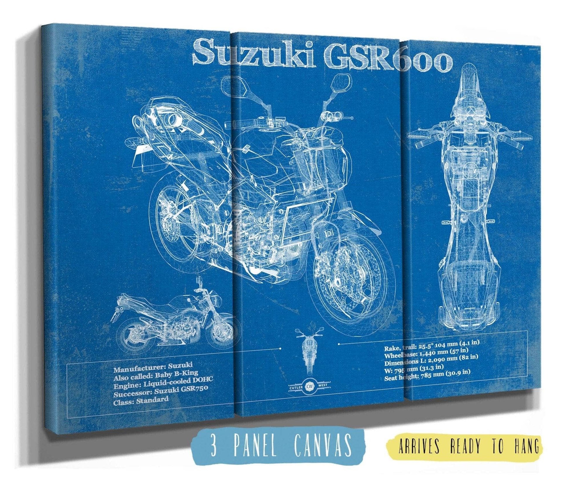 Cutler West 48" x 32" / 3 Panel Canvas Wrap Suzuki GSR600 Blueprint Motorcycle Patent Print 845000333_28130
